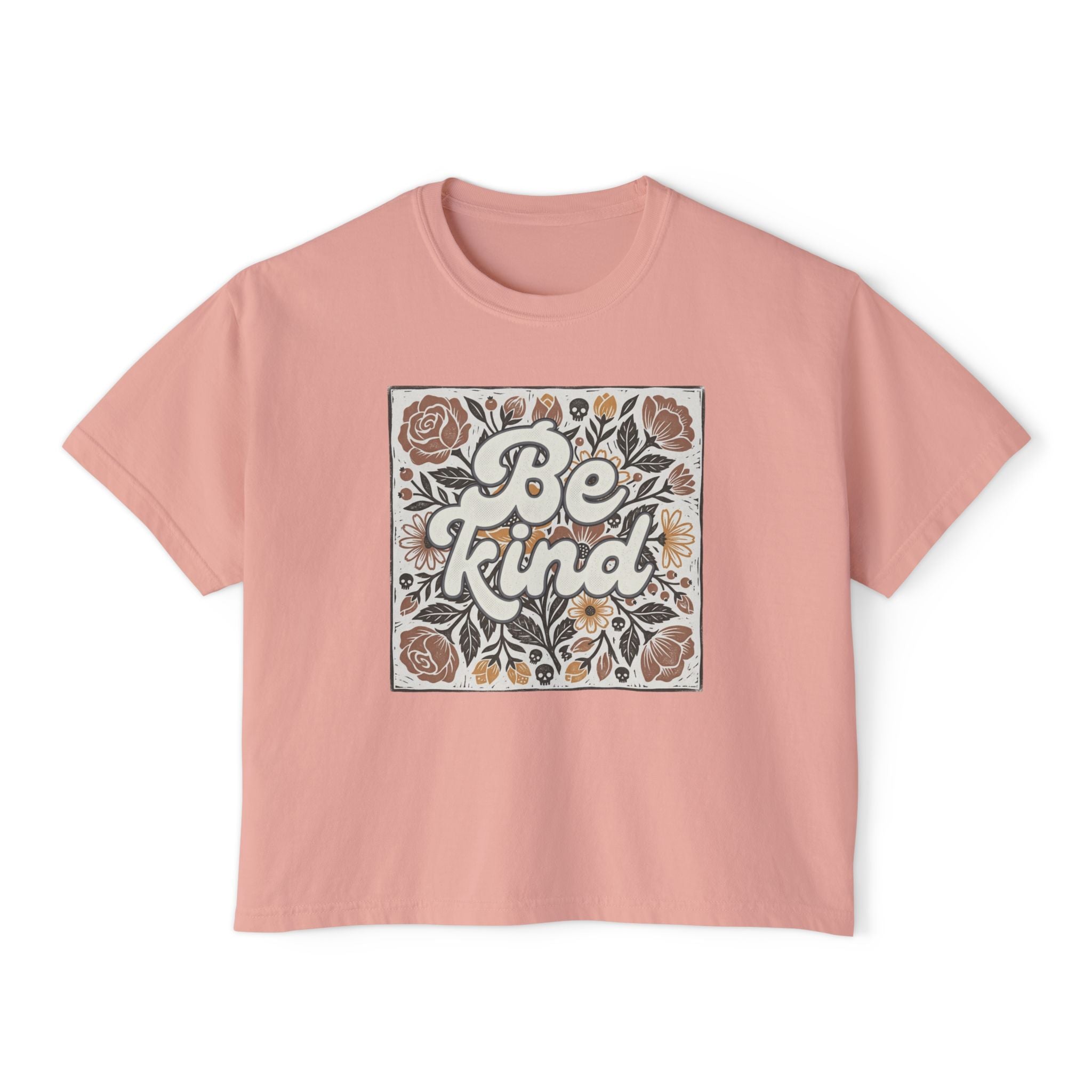 Be Kind Floral Boxy Tee — Women's Linocut Flowers and Skulls Positive Message Shirt
