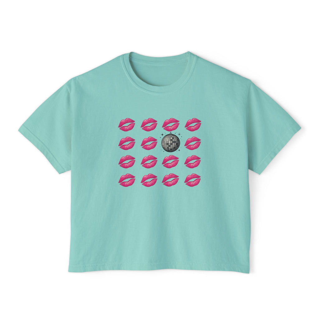 Kiss Kiss Disco Boxy Tee — Pink Lip Pattern with Disco Ball