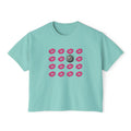 Kiss Kiss Disco Boxy Tee — Pink Lip Pattern with Disco Ball