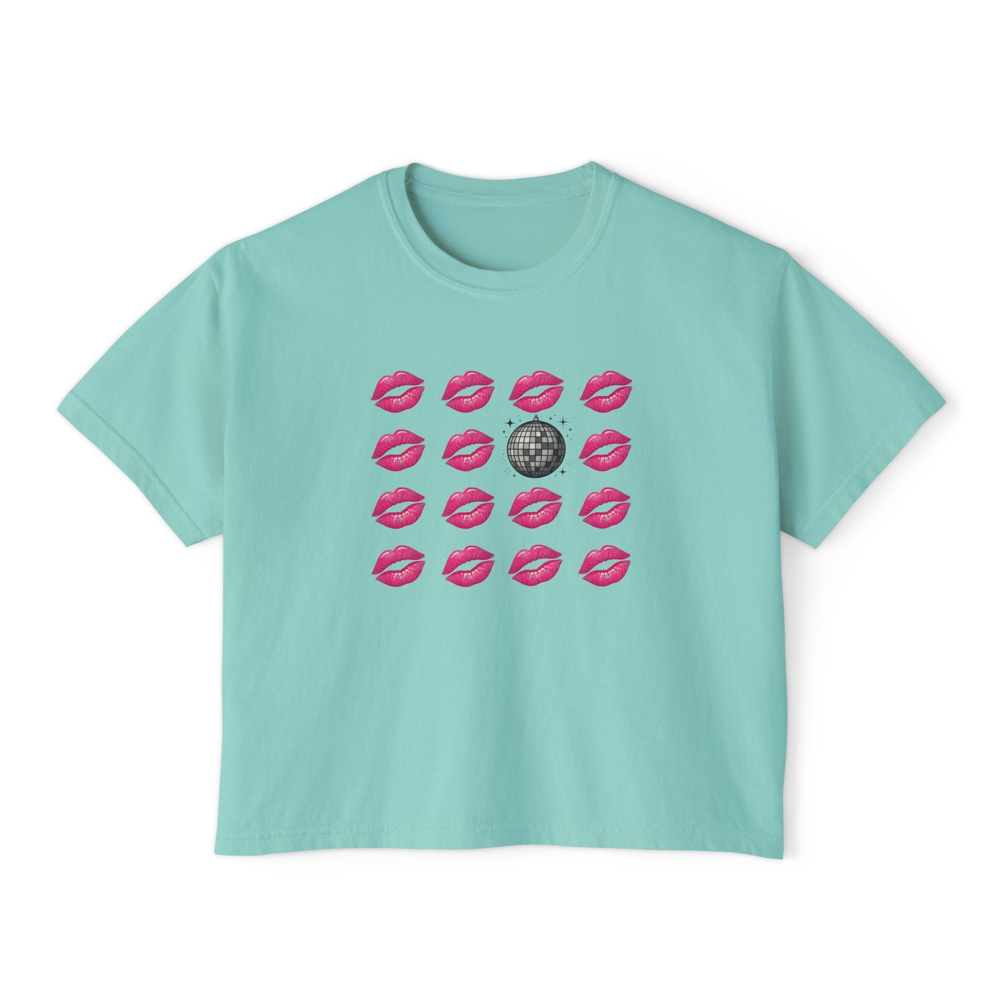 Kiss Kiss Disco Boxy Tee — Pink Lip Pattern with Disco Ball