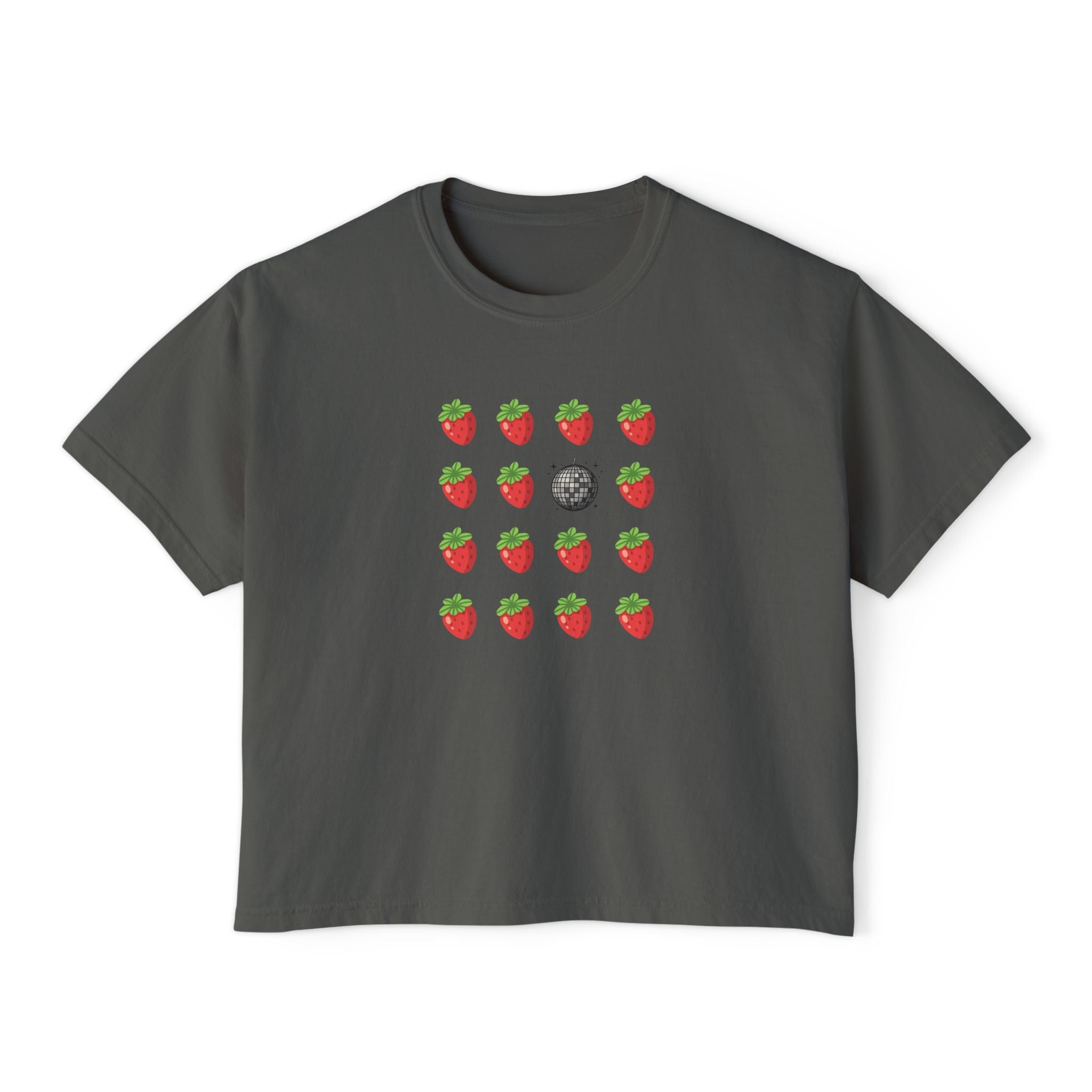Strawberry All the Time Disco Boxy Tee — Cute Minimal Fruit Graphic Shirt