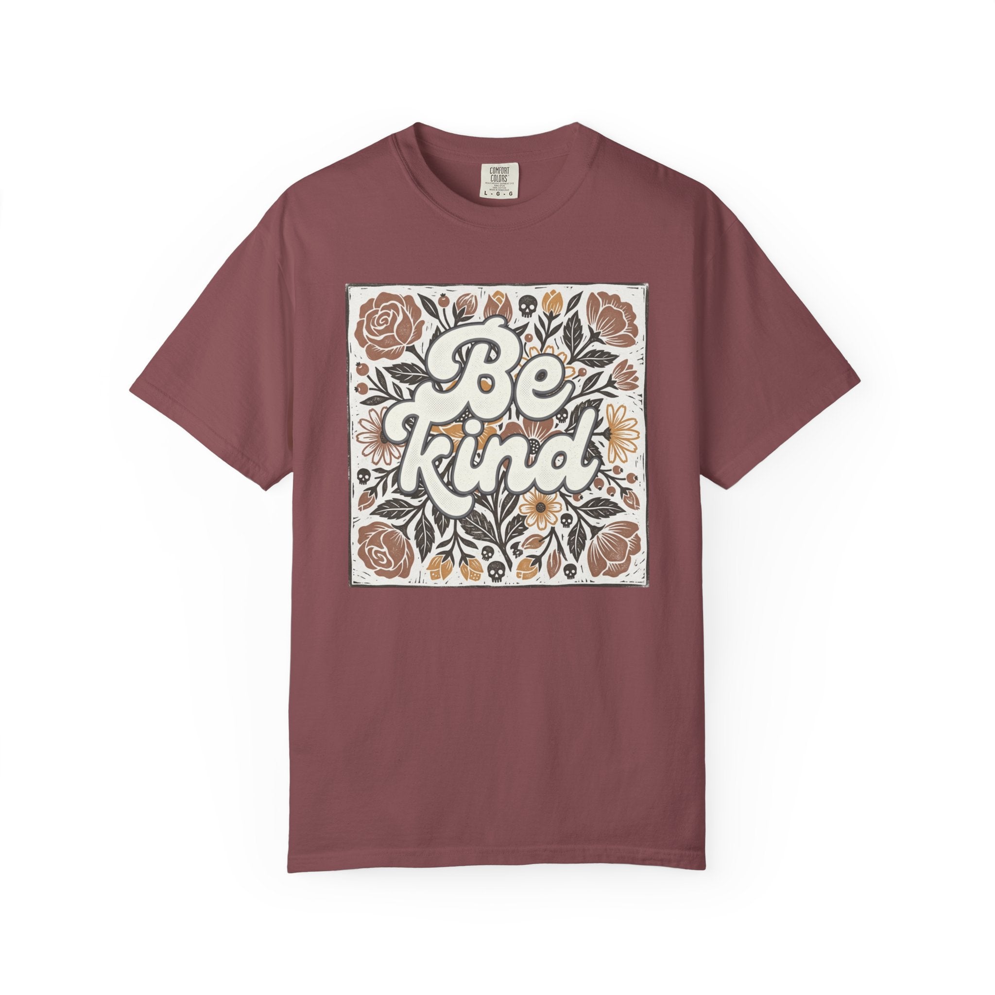 Be Kind Floral T-Shirt — Linocut Vintage Rose Positive Message Tee