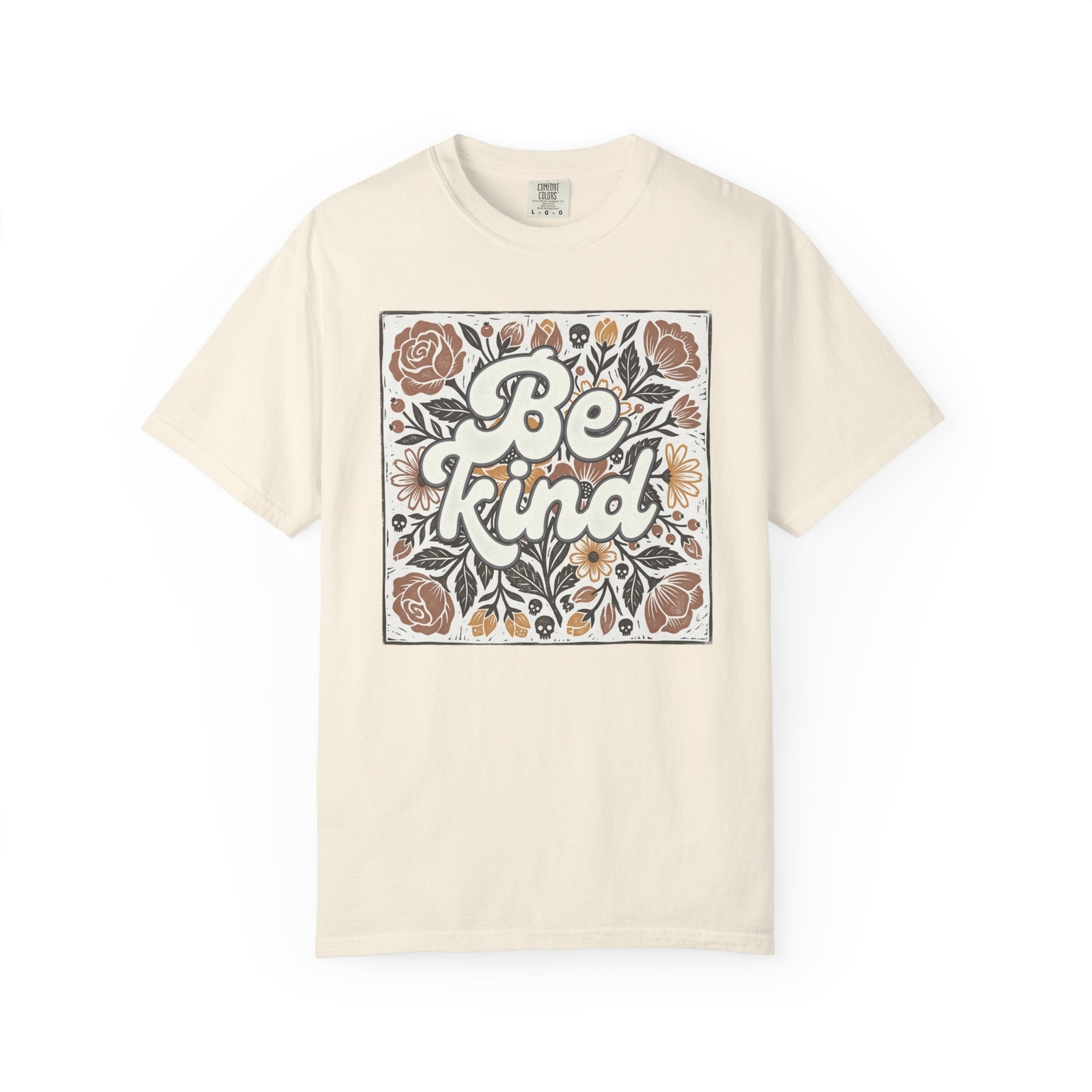 Be Kind Floral T-Shirt — Linocut Vintage Rose Positive Message Tee