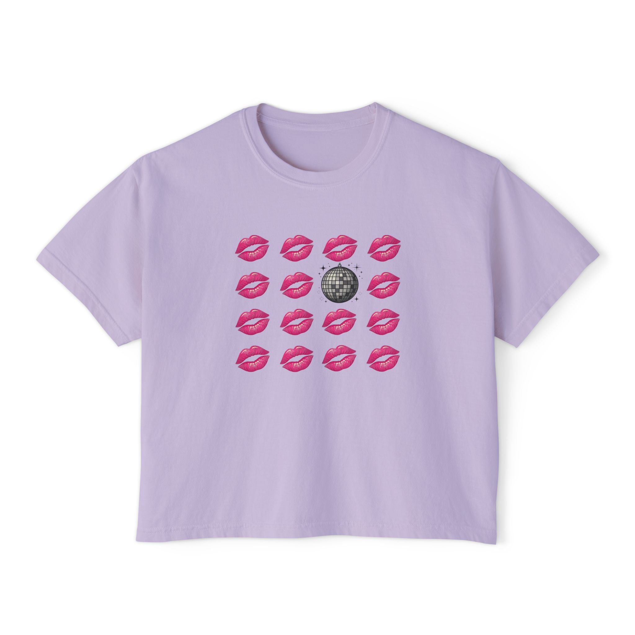 Kiss Kiss Disco Boxy Tee — Pink Lip Pattern with Disco Ball