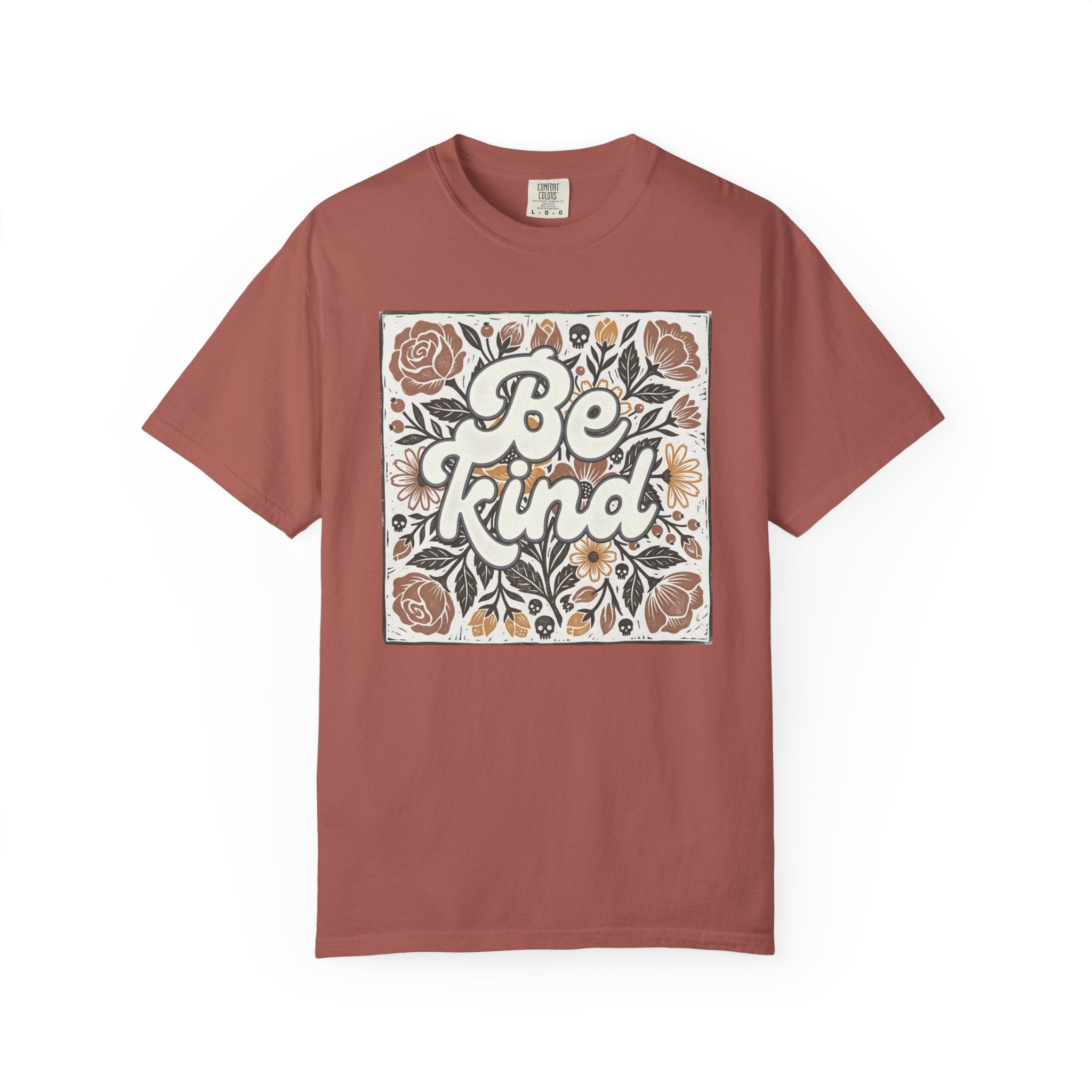 Be Kind Floral T-Shirt — Linocut Vintage Rose Positive Message Tee