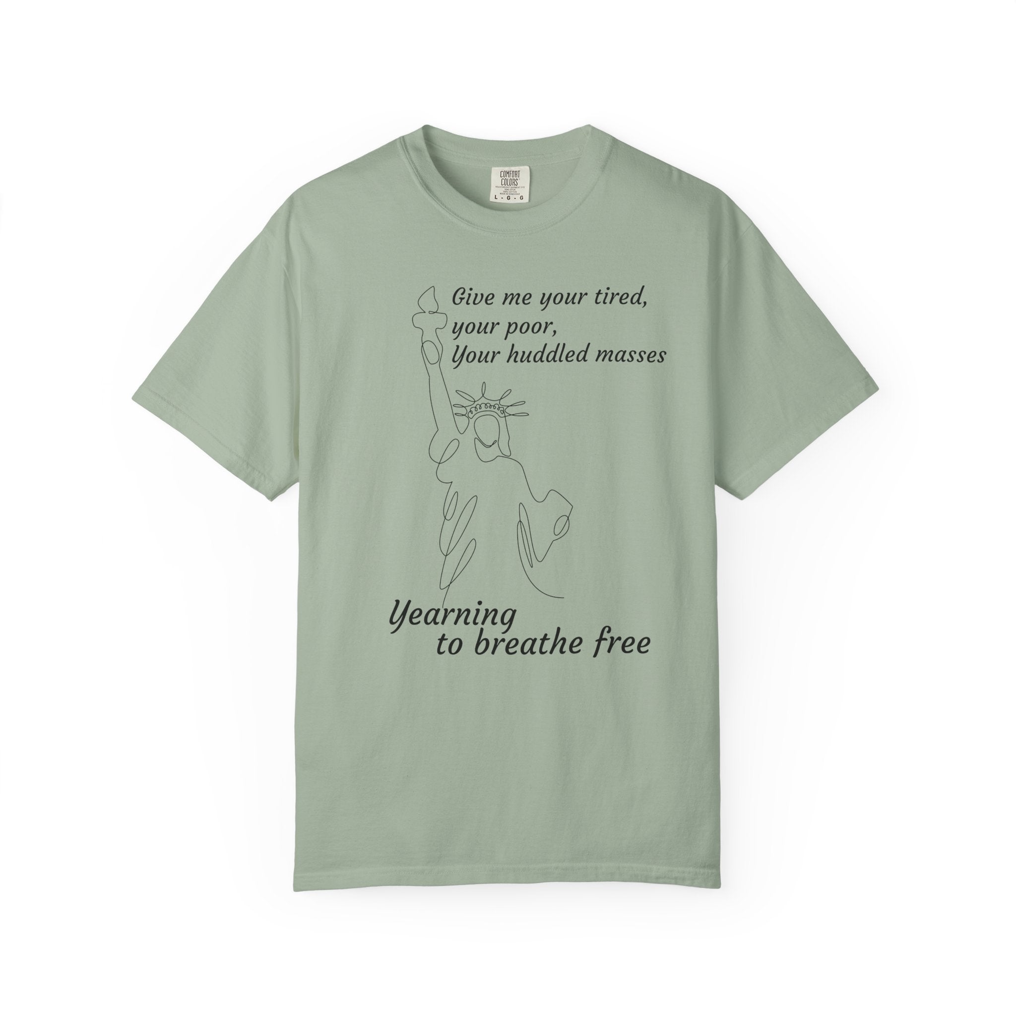 Statue of Liberty Minimalist Line Art Tee — "Give me your tired, your poor" Cotton T-Shirt