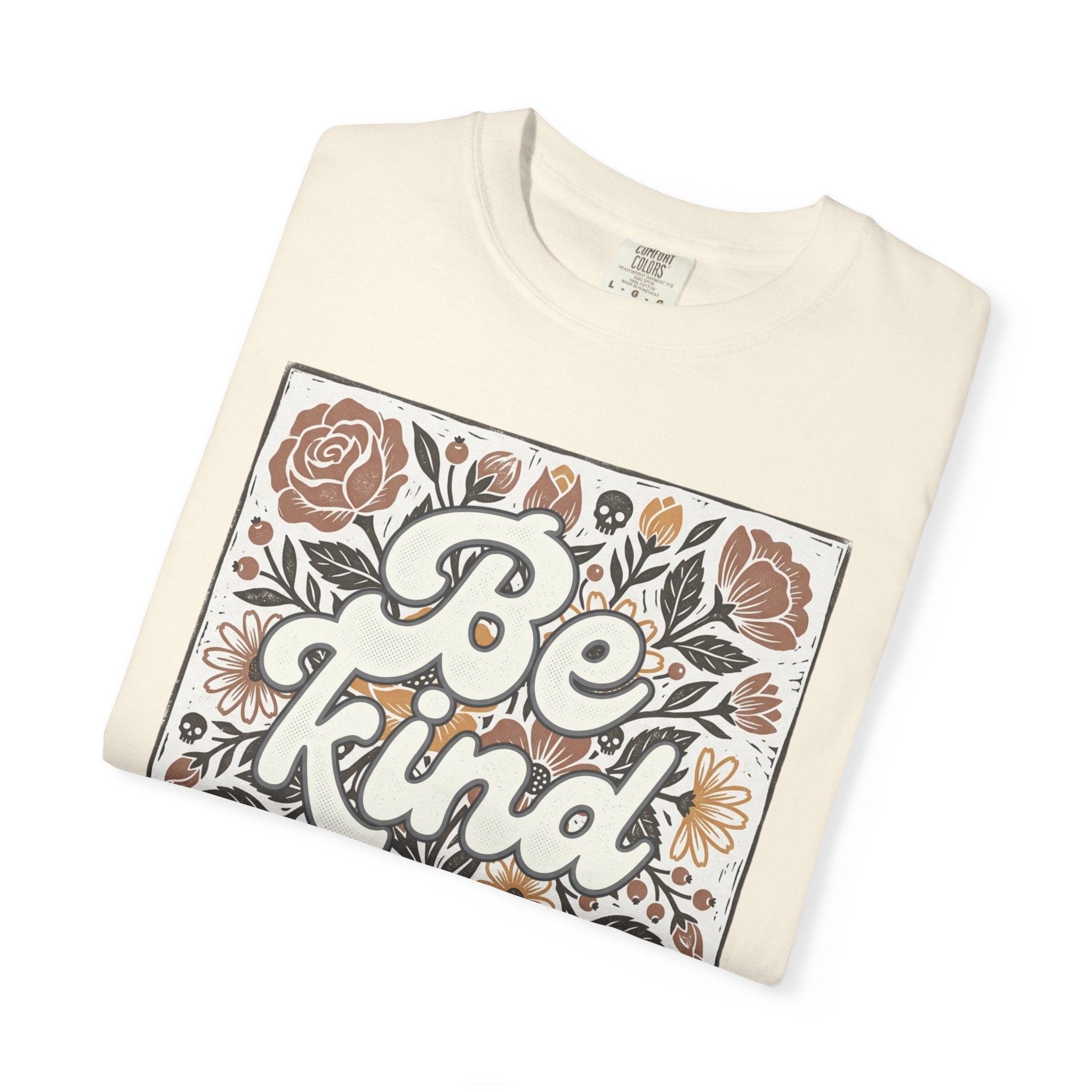 Be Kind Floral T-Shirt — Linocut Vintage Rose Positive Message Tee