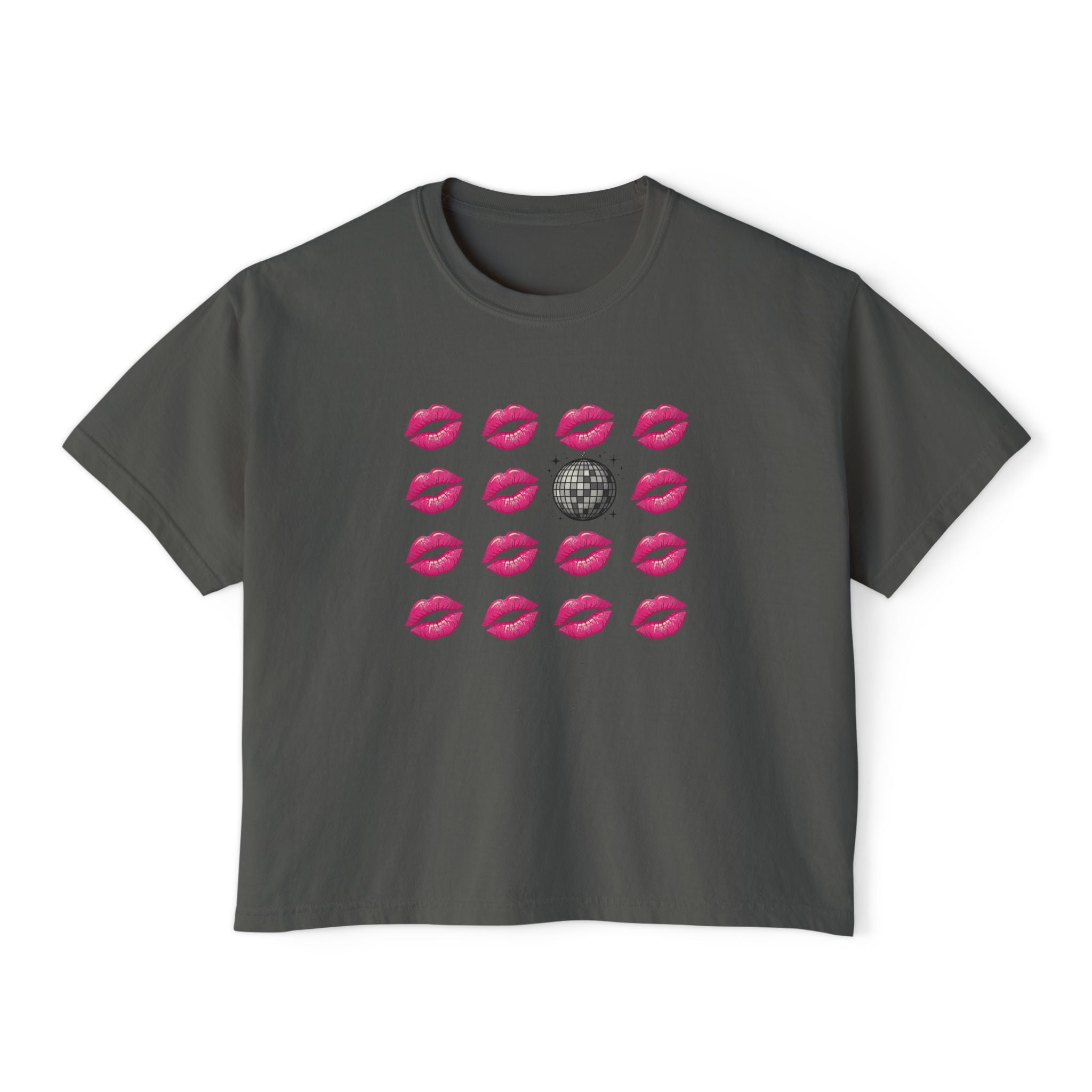 Kiss Kiss Disco Boxy Tee — Pink Lip Pattern with Disco Ball
