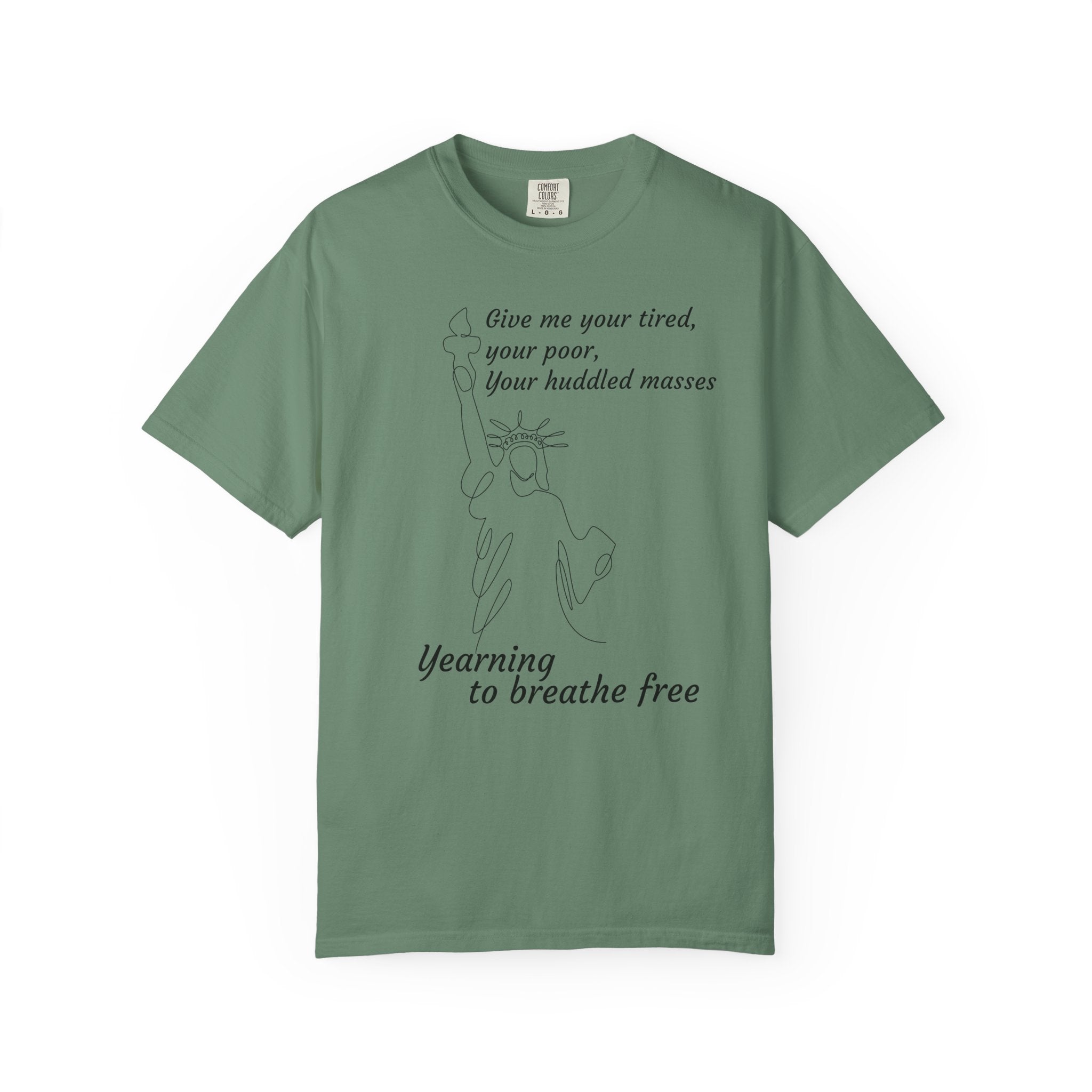 Statue of Liberty Minimalist Line Art Tee — "Give me your tired, your poor" Cotton T-Shirt