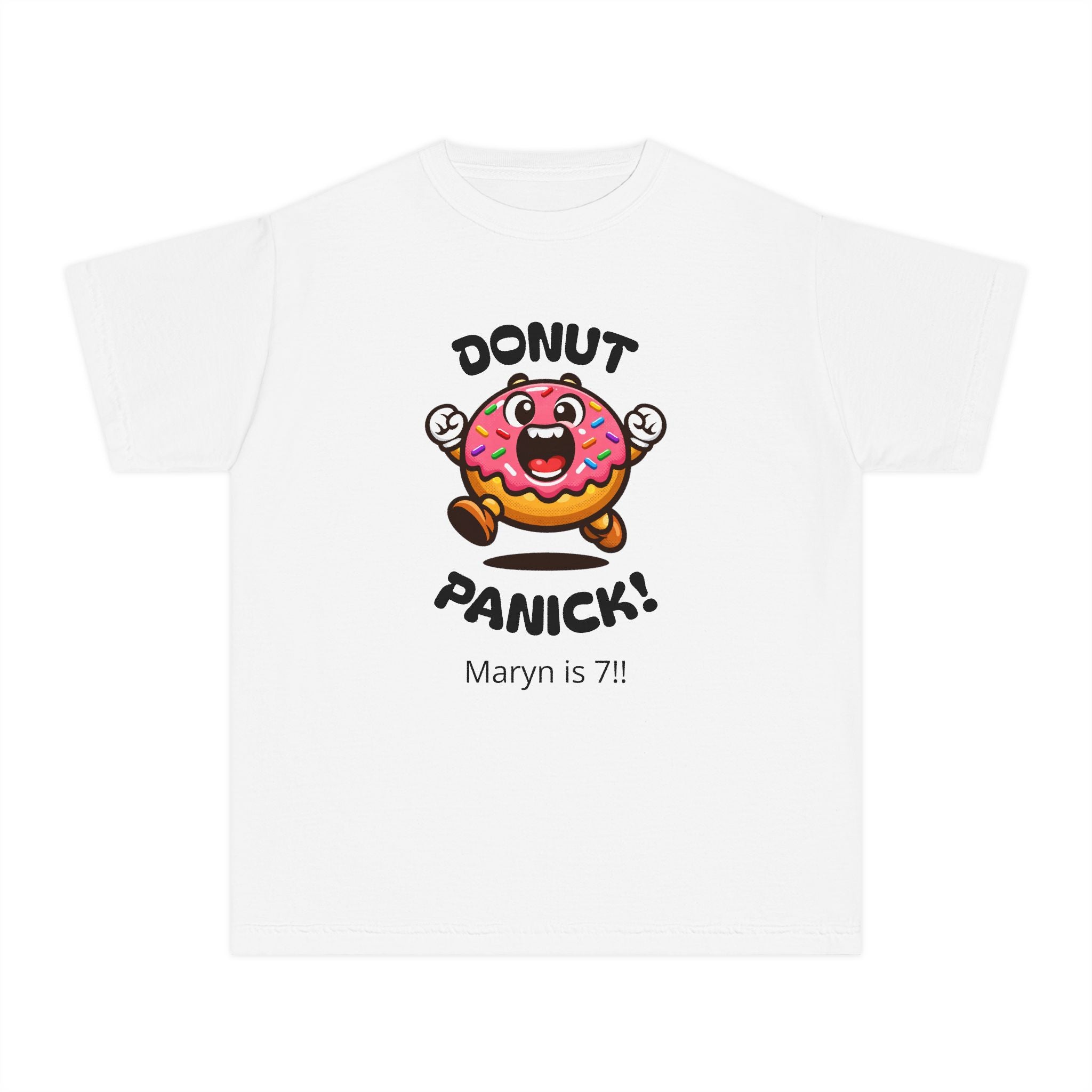 Kids "Donut Panic!" Tee — Custom Name Age Birthday Shirt