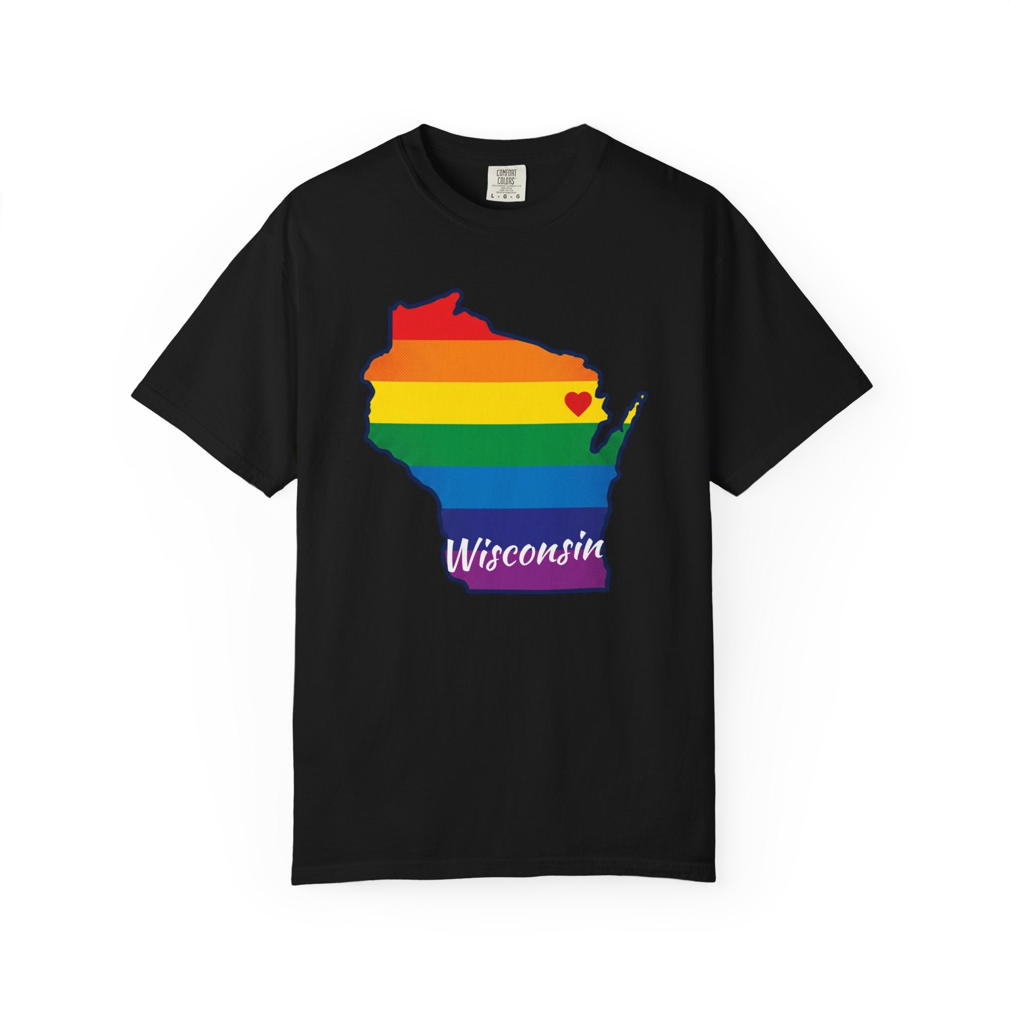Wisconsin Pride T-Shirt — Rainbow State Map with Heart