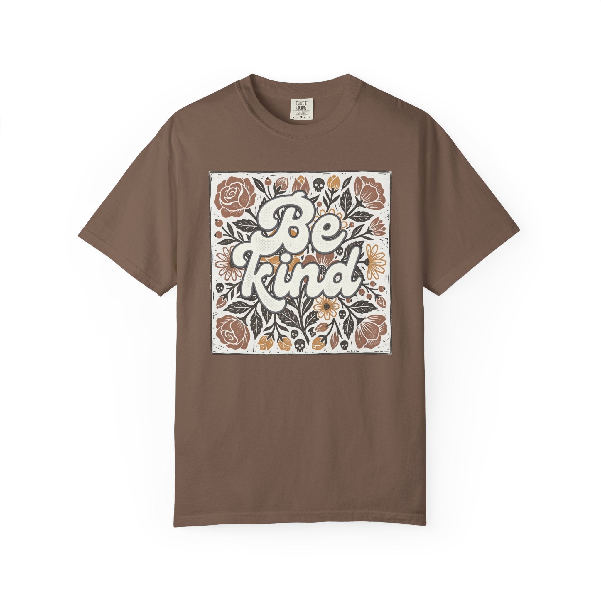 Be Kind Floral T-Shirt — Linocut Vintage Rose Positive Message Tee