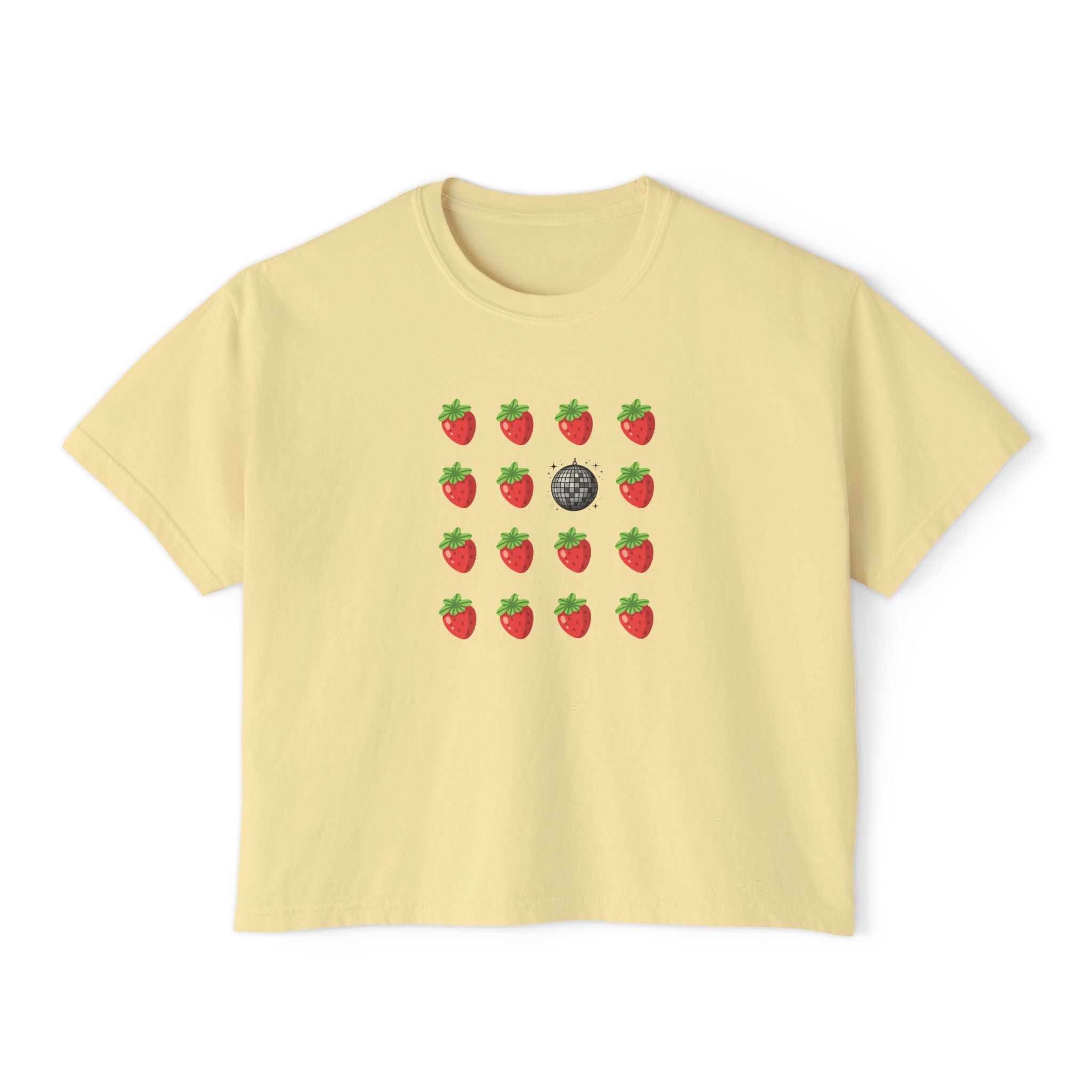 Strawberry All the Time Disco Boxy Tee — Cute Minimal Fruit Graphic Shirt