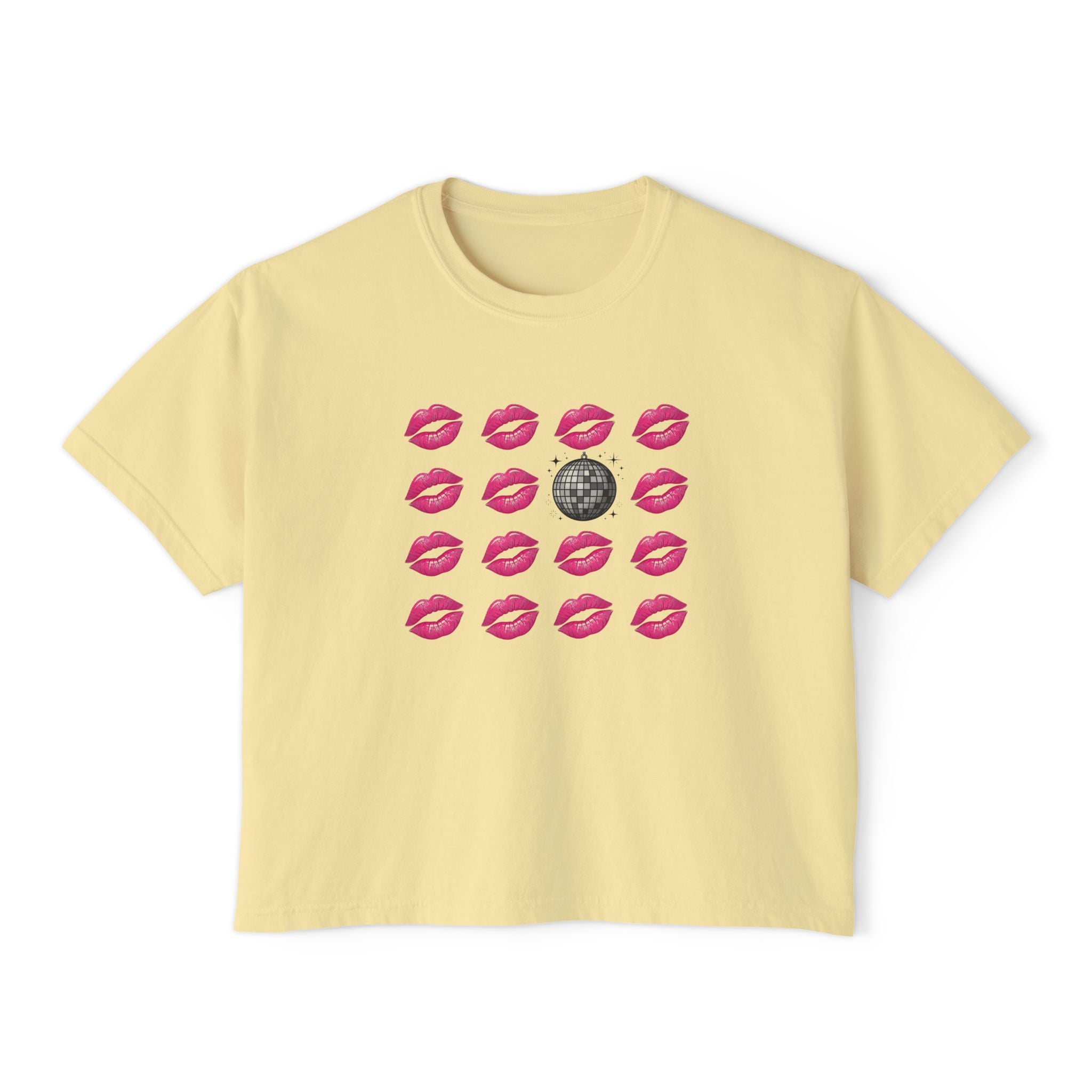 Kiss Kiss Disco Boxy Tee — Pink Lip Pattern with Disco Ball