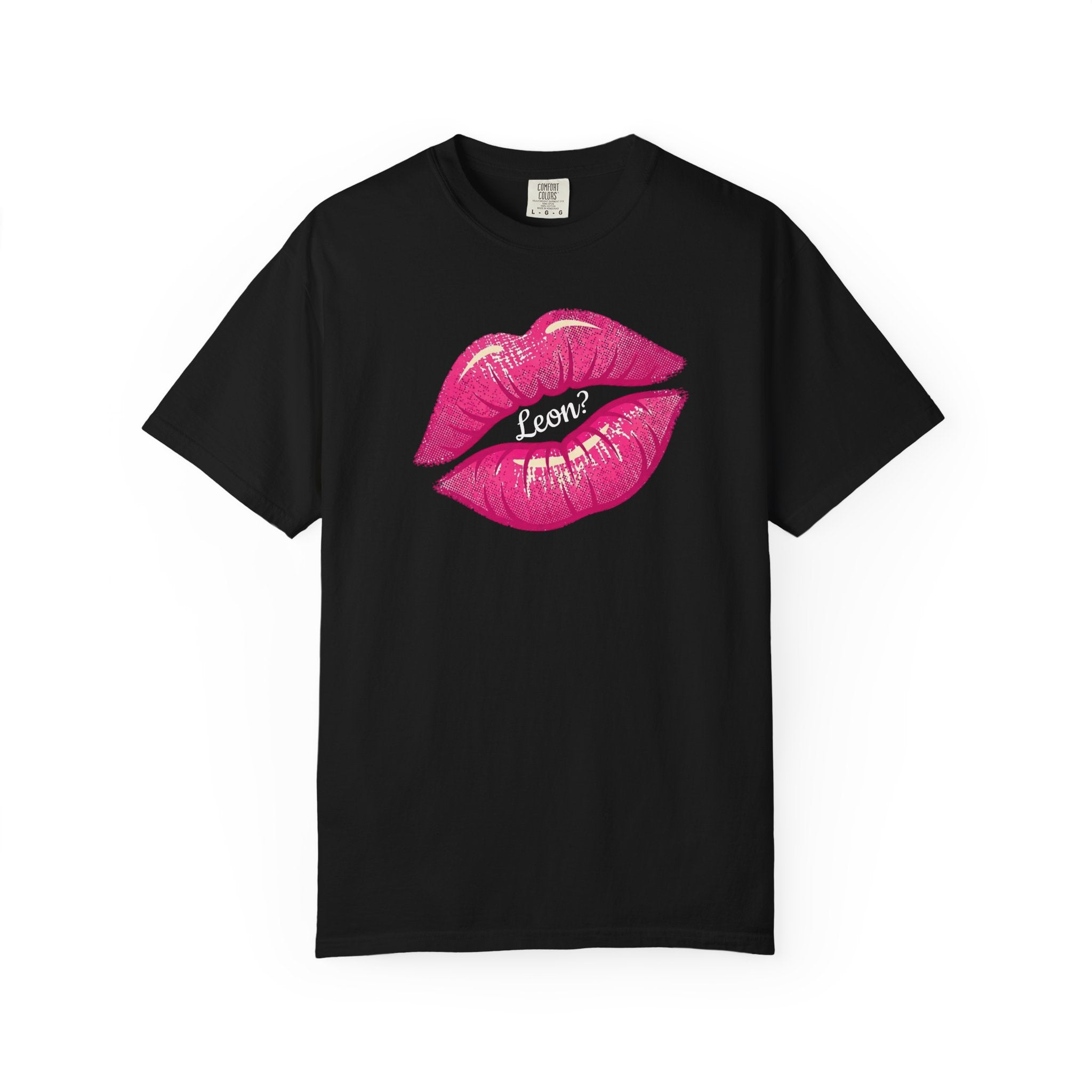 T-Shirt — Pink Kiss Lip Print Tee with Leon Name
