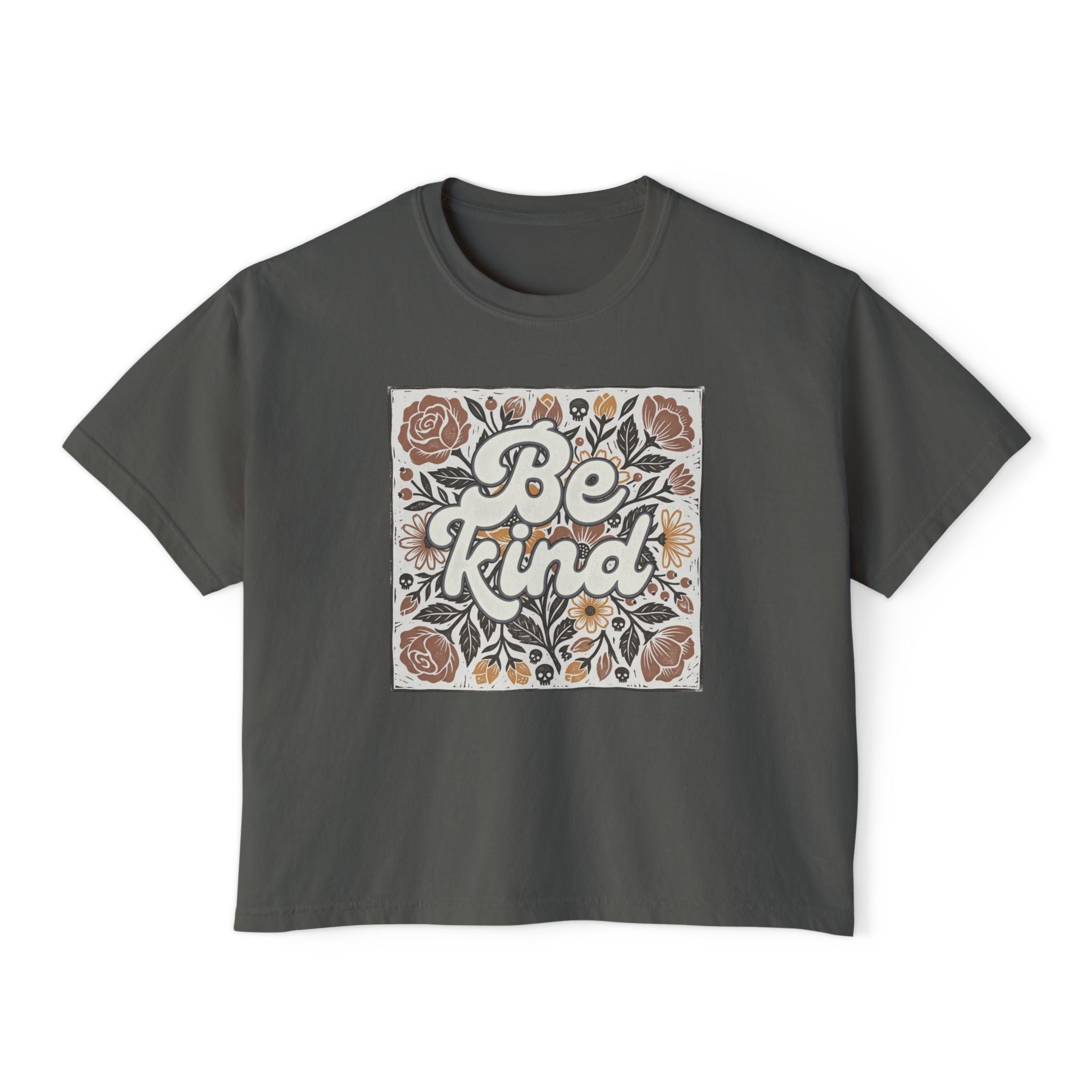 Be Kind Floral Boxy Tee — Women's Linocut Flowers and Skulls Positive Message Shirt