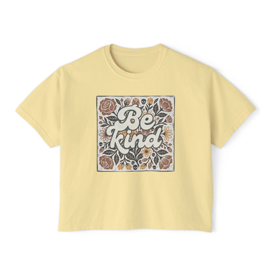 Be Kind Floral Boxy Tee — Women's Linocut Flowers and Skulls Positive Message Shirt