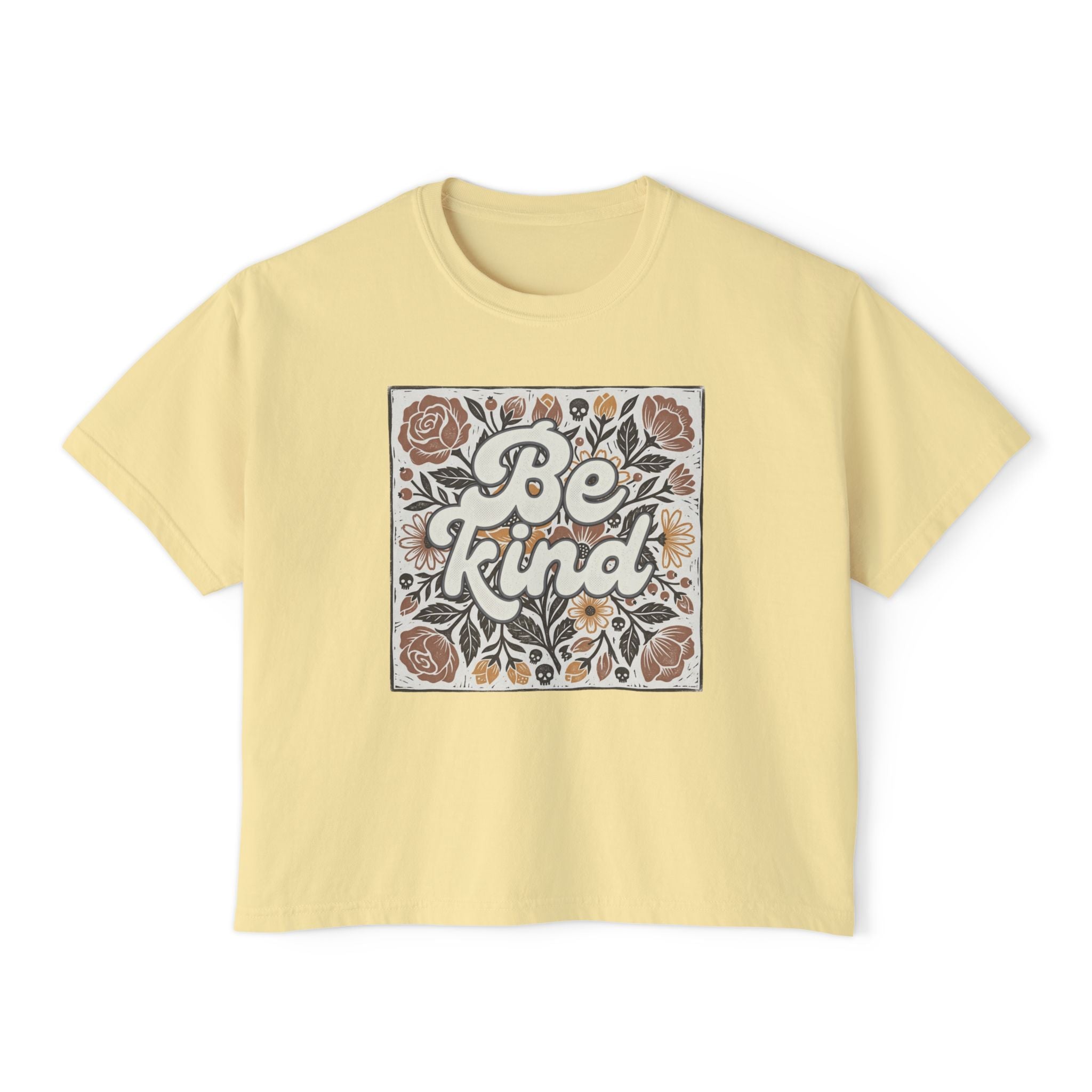 Be Kind Floral Boxy Tee — Women's Linocut Flowers and Skulls Positive Message Shirt