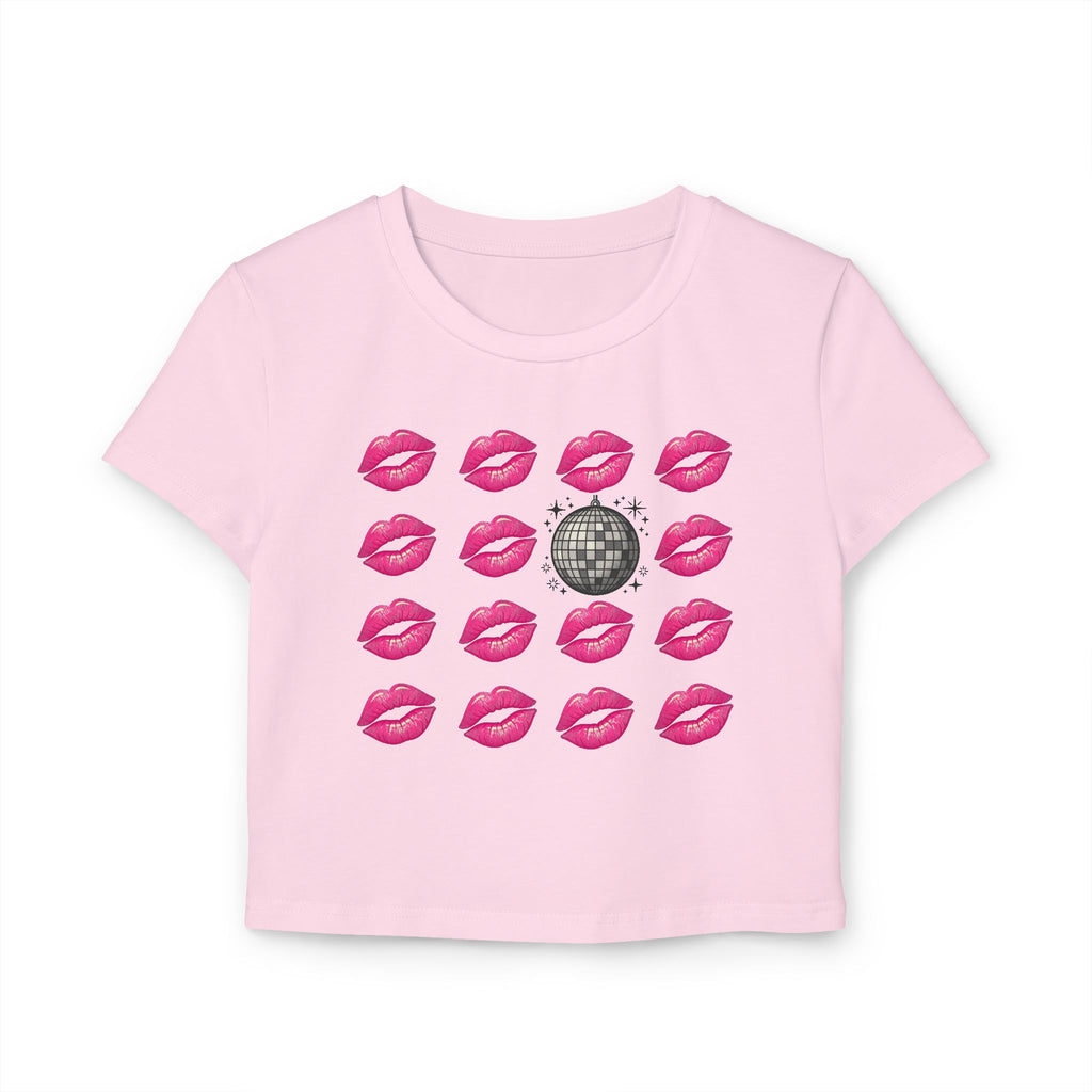Women’s Baby Tee — Disco Kiss Graphic Cropped Tee (Pink Lip Prints & Disco Ball)