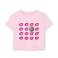 Women’s Baby Tee — Disco Kiss Graphic Cropped Tee (Pink Lip Prints & Disco Ball)