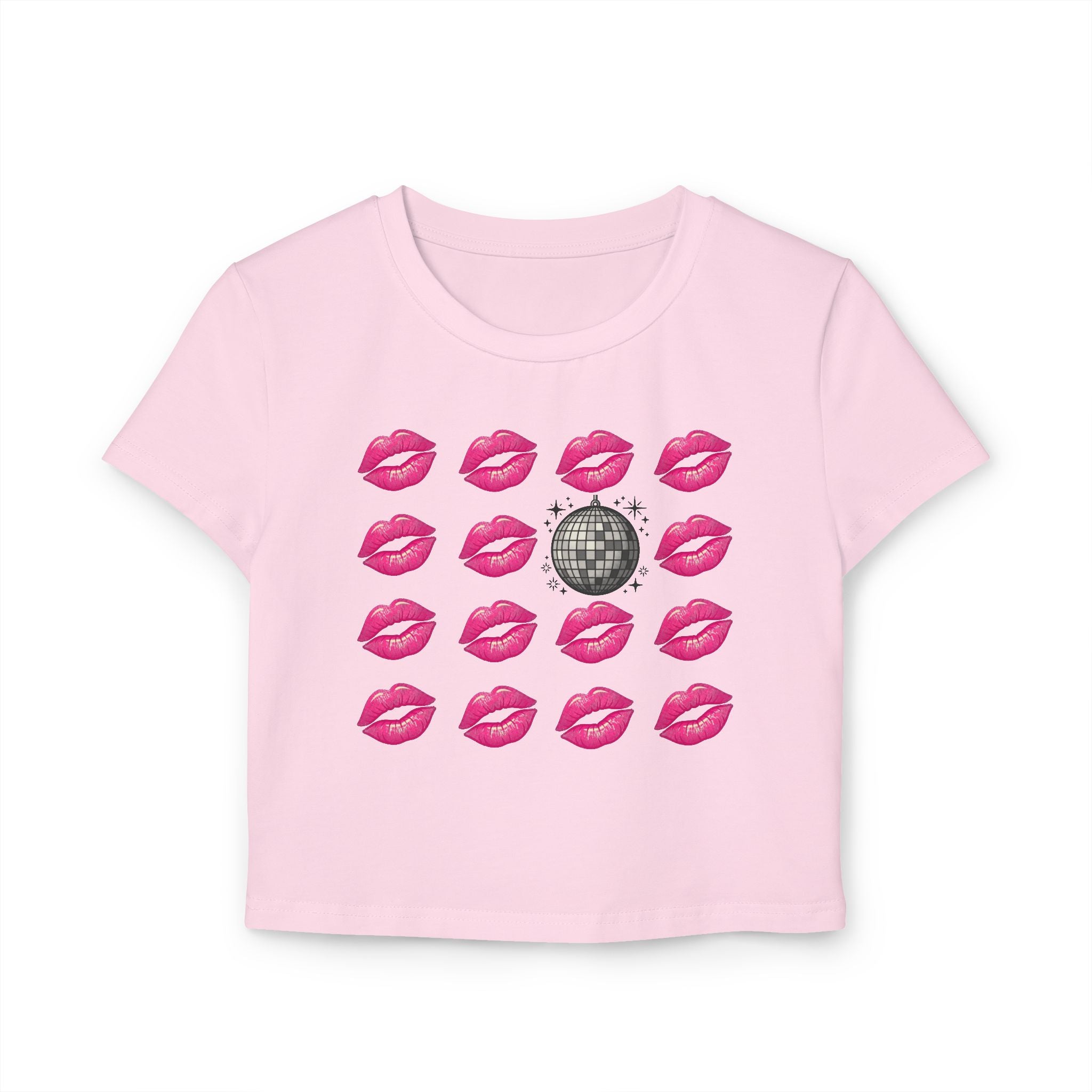 Women’s Baby Tee — Disco Kiss Graphic Cropped Tee (Pink Lip Prints & Disco Ball)