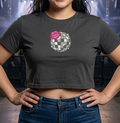 Disco Kiss Lips Crop Tee — Women's Retro Disco Ball Graphic Tee