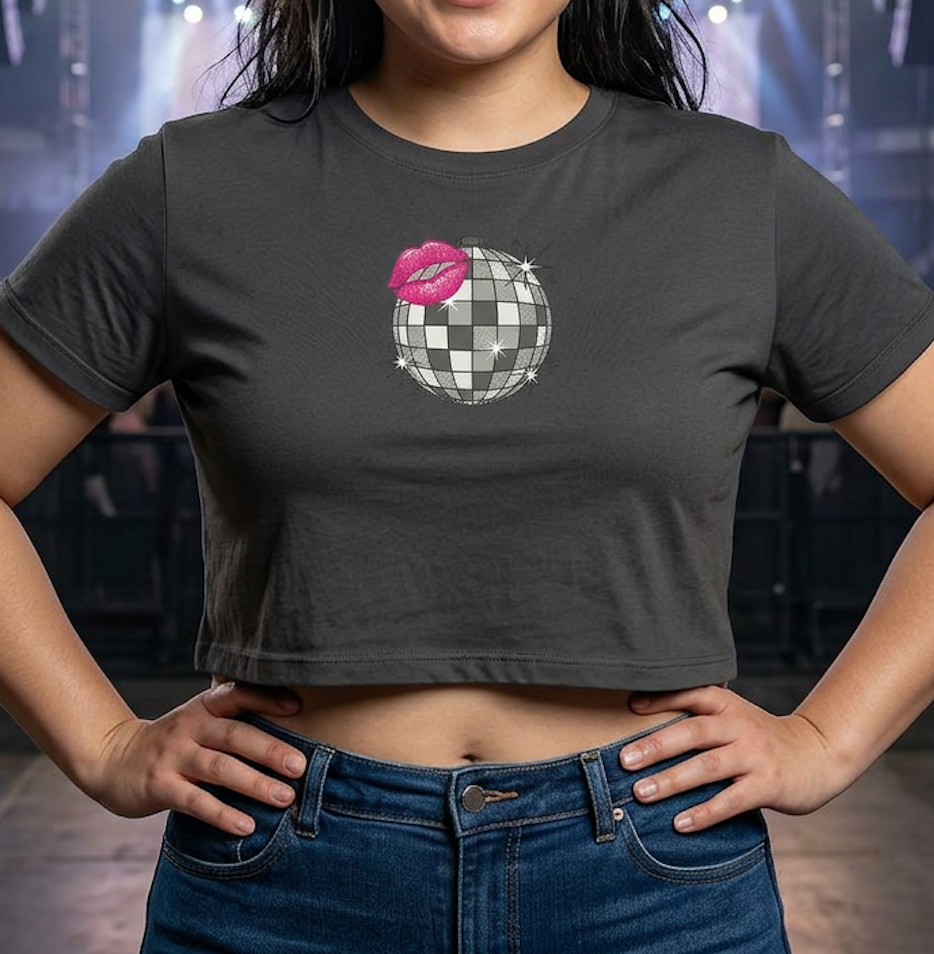 Disco Kiss Lips Crop Tee — Women's Retro Disco Ball Graphic Tee