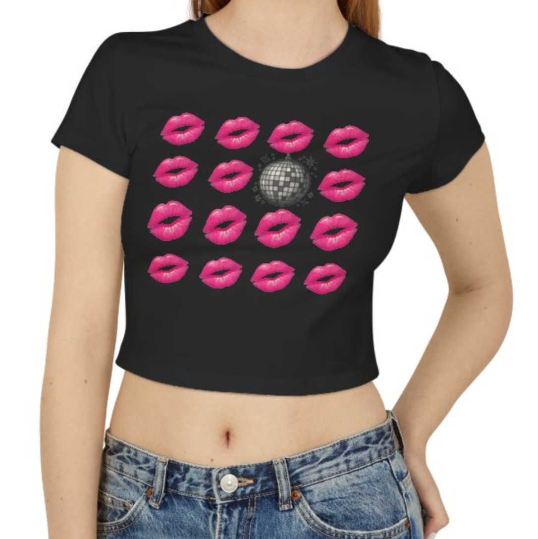 Women’s Baby Tee — Disco Kiss Graphic Cropped Tee (Pink Lip Prints & Disco Ball)