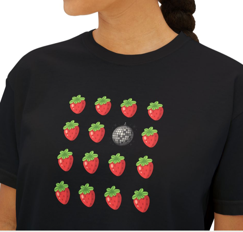 Strawberry All the Time Disco Boxy Tee — Cute Minimal Fruit Graphic Shirt
