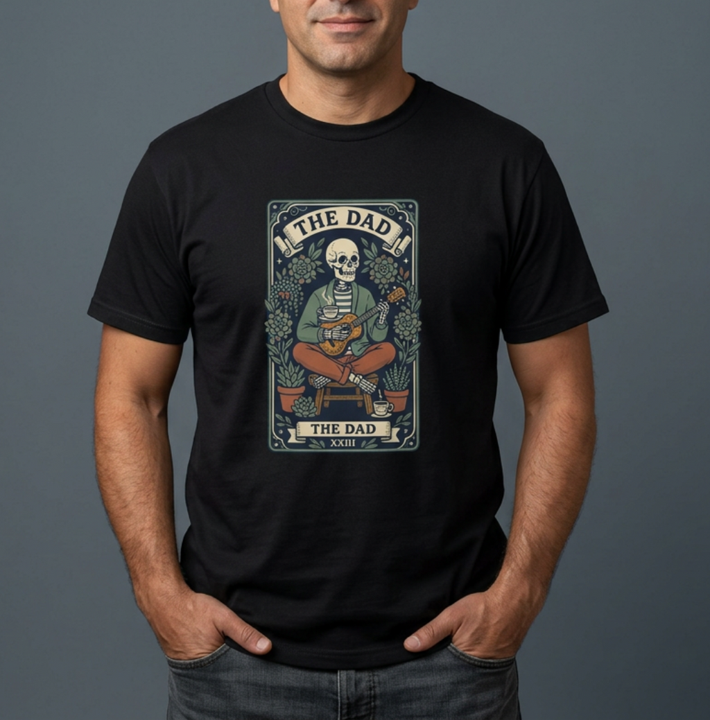 The Dad Skeleton Playing Guitar T-shirt | Tarot Style Illustration, Folk Art