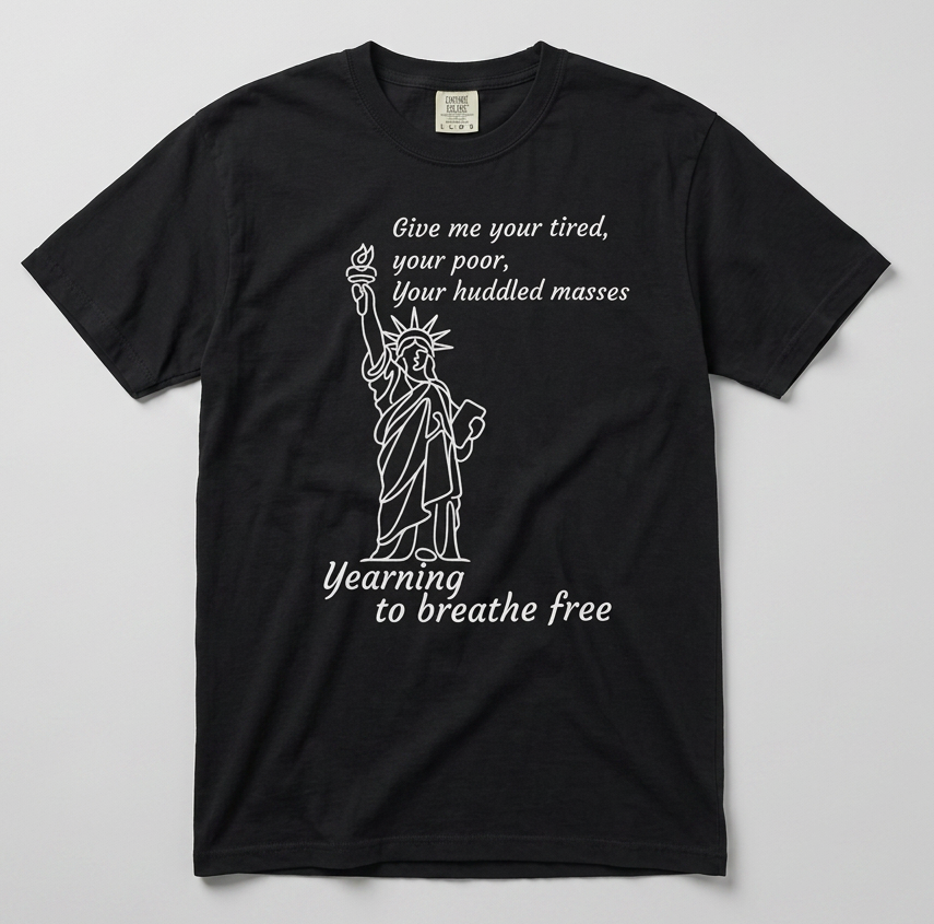 Statue of Liberty Minimalist Line Art Tee — "Give me your tired, your poor" Cotton T-Shirt