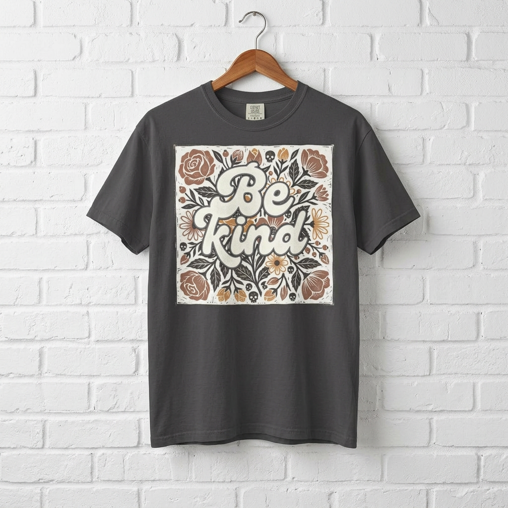 Be Kind Floral T-Shirt — Linocut Vintage Rose Positive Message Tee