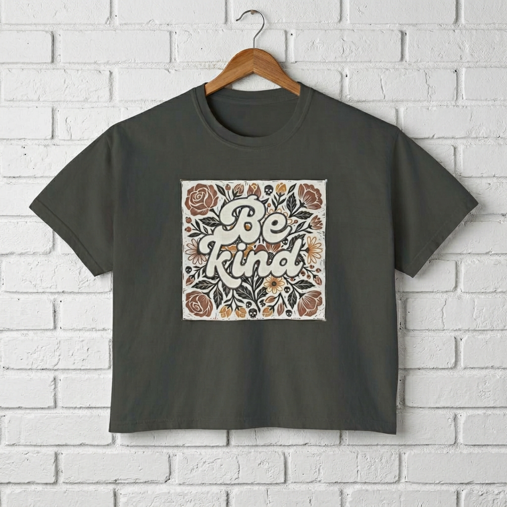 Be Kind Floral Boxy Tee — Women's Linocut Flowers and Skulls Positive Message Shirt