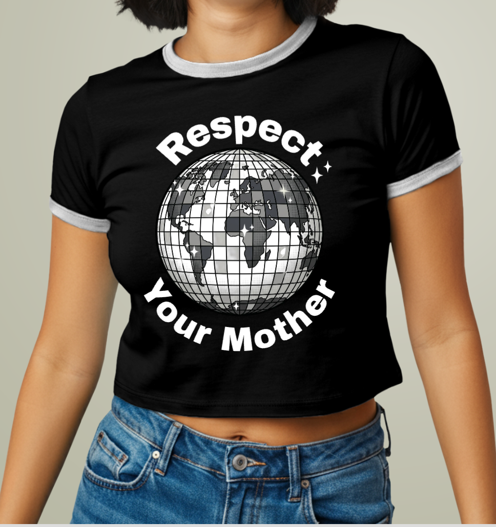 Respect Your Mother Ringer Tee — Vintage Earth Disco Globe Eco-Friendly Message