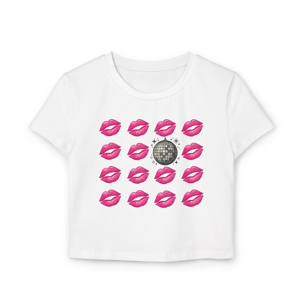 Women’s Baby Tee — Disco Kiss Graphic Cropped Tee (Pink Lip Prints & Disco Ball)