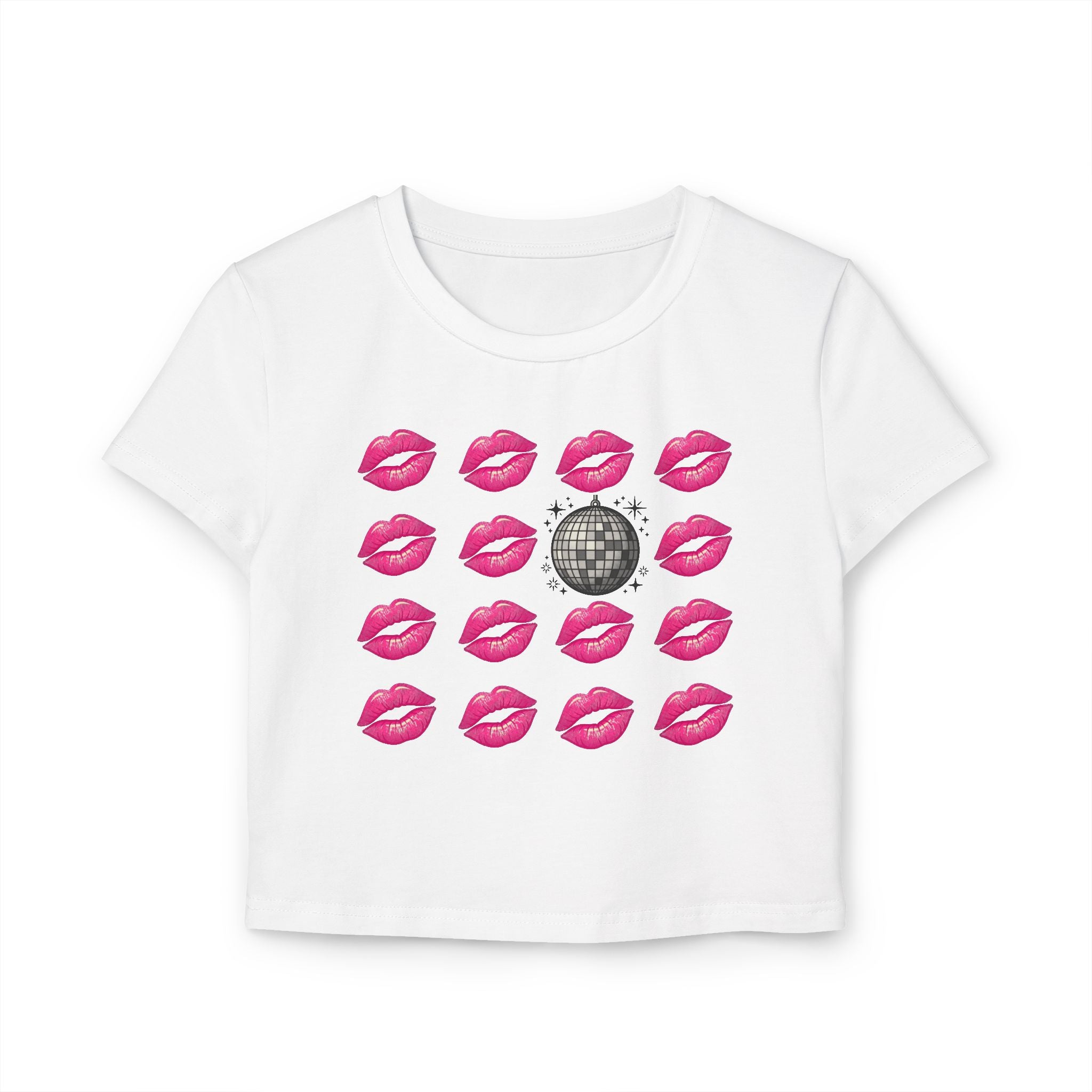 Women’s Baby Tee — Disco Kiss Graphic Cropped Tee (Pink Lip Prints & Disco Ball)