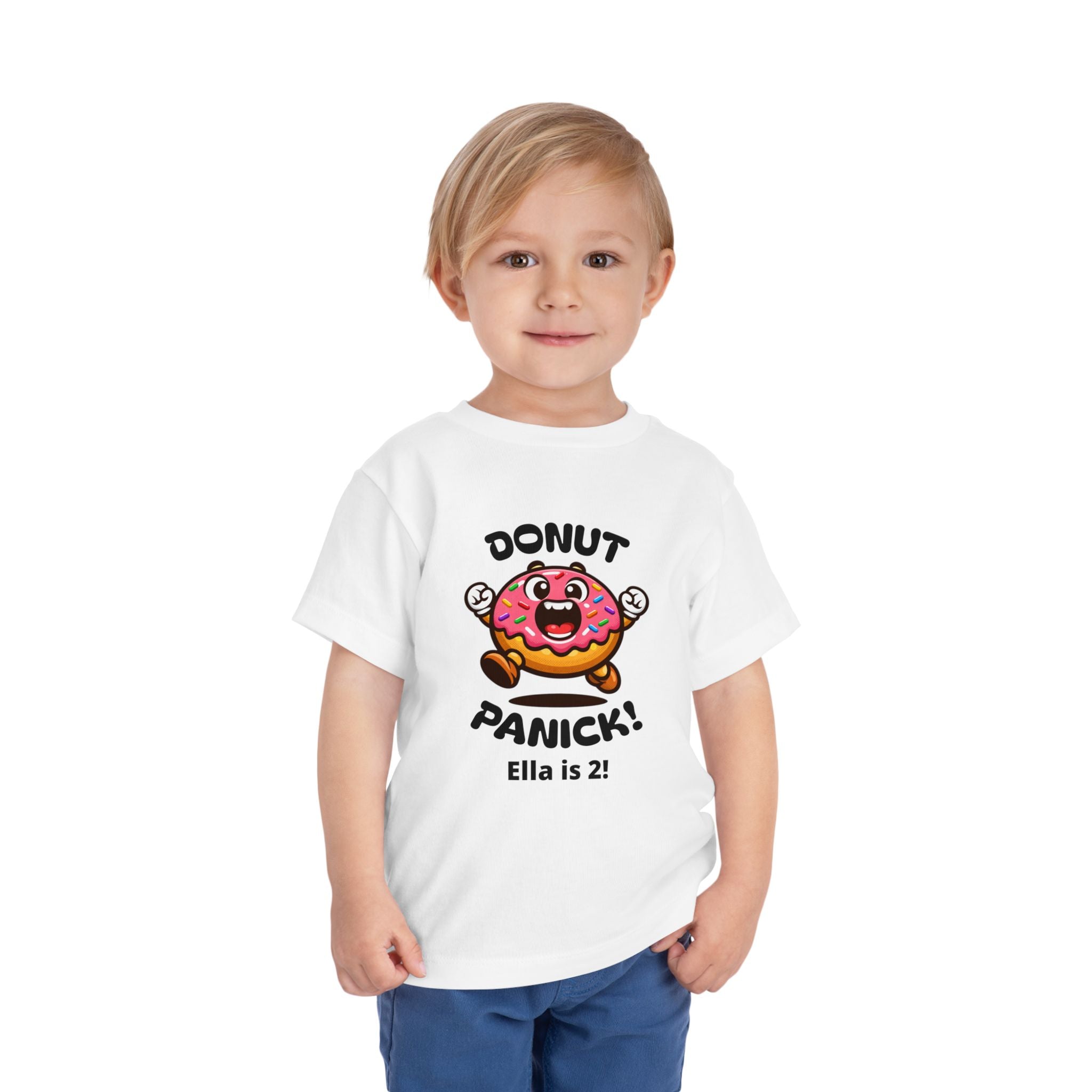 Toddler Tee — "Donut Panic!" Funny Shirt (Personalizable for Birthdays and Events)