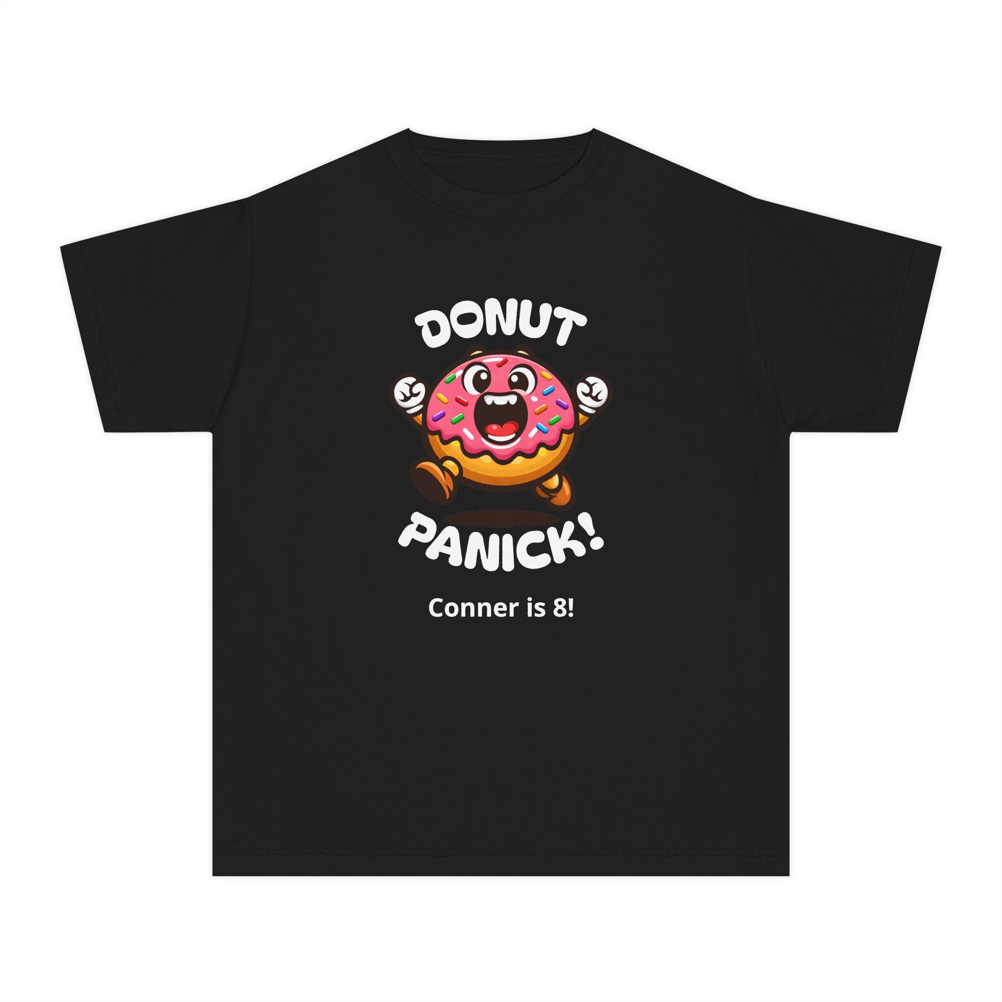 Kids "Donut Panic!" Tee — Custom Name Age Birthday Shirt