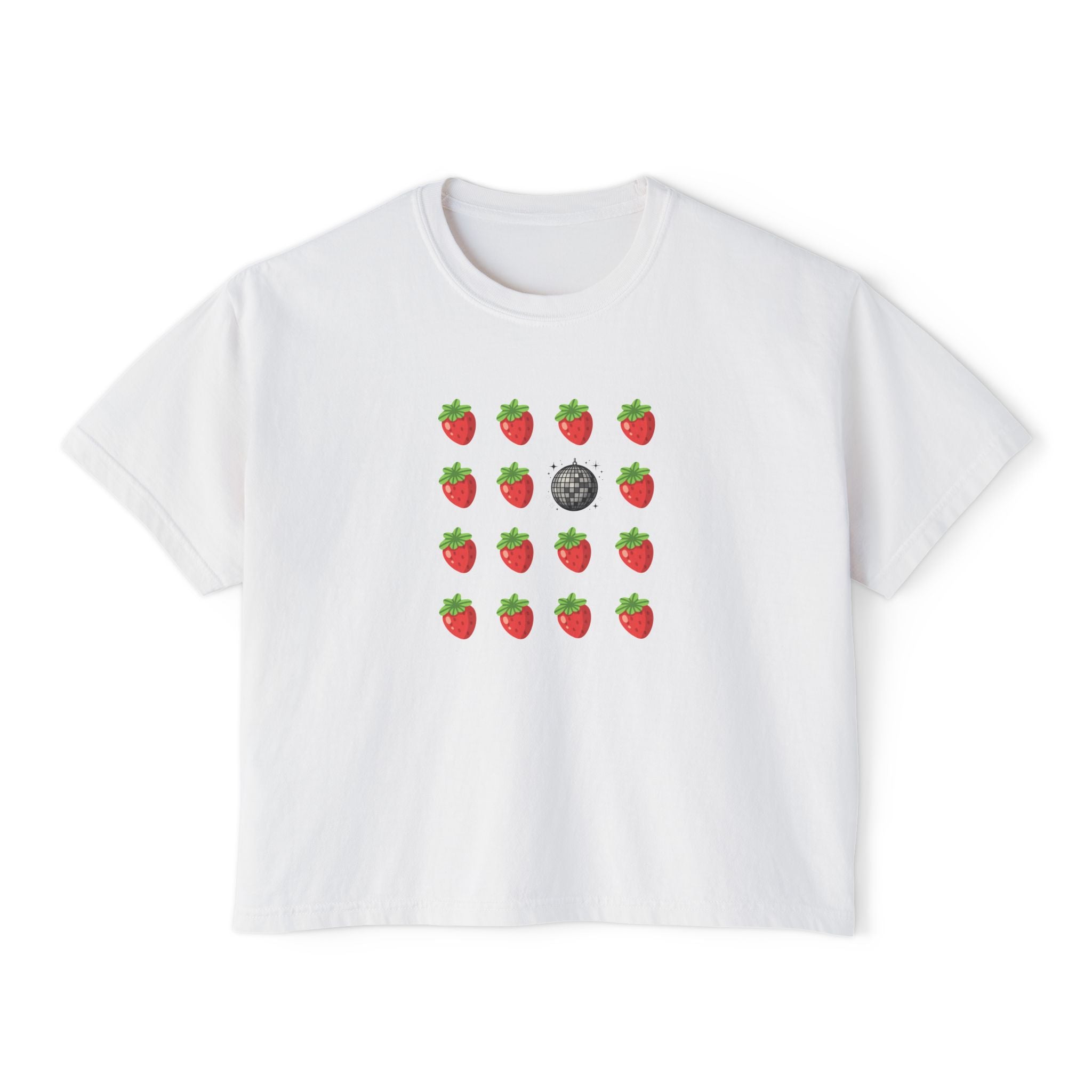 Strawberry All the Time Disco Boxy Tee — Cute Minimal Fruit Graphic Shirt
