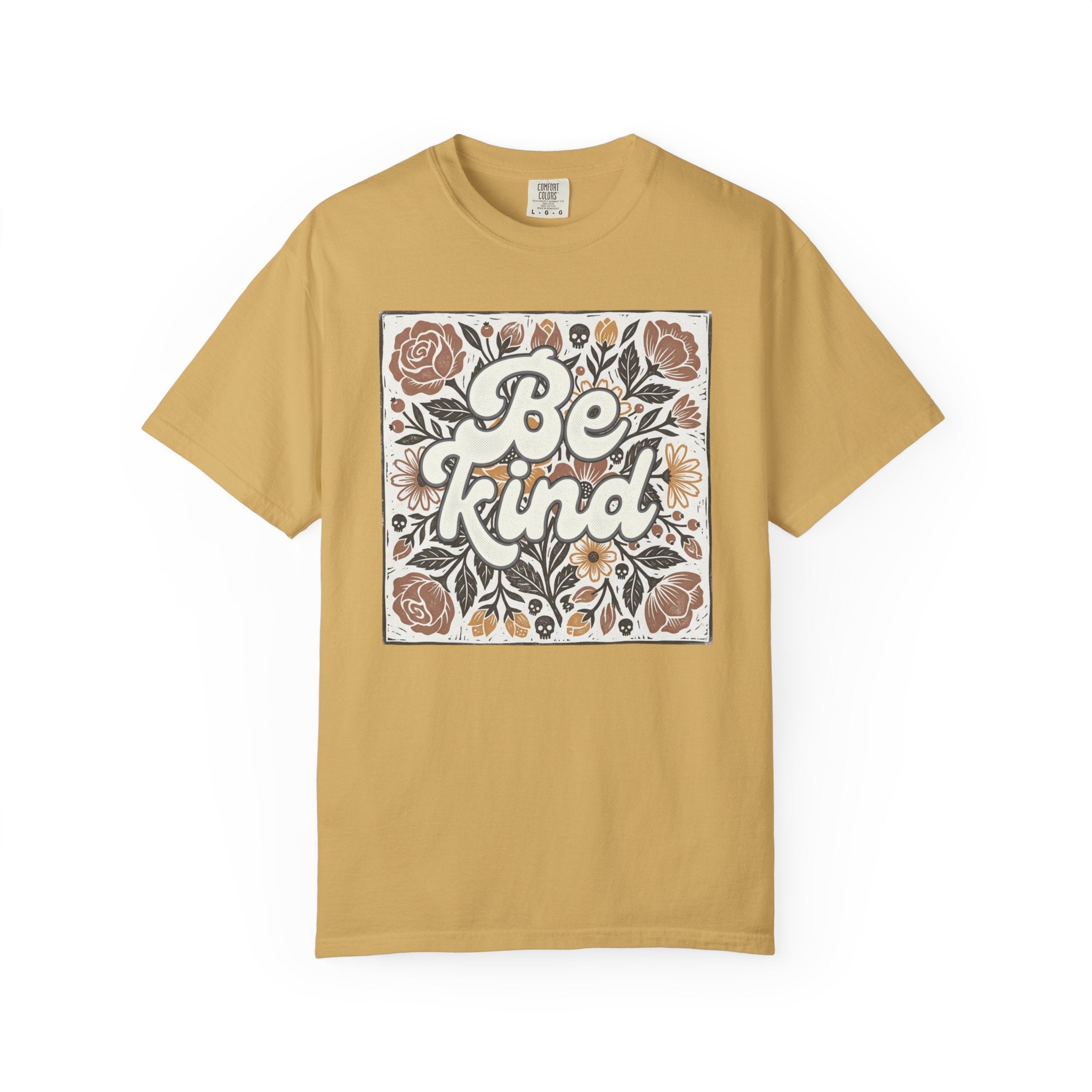 Be Kind Floral T-Shirt — Linocut Vintage Rose Positive Message Tee