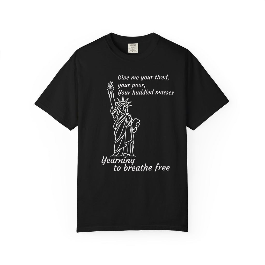Statue of Liberty Minimalist Line Art Tee — "Give me your tired, your poor" Cotton T-Shirt