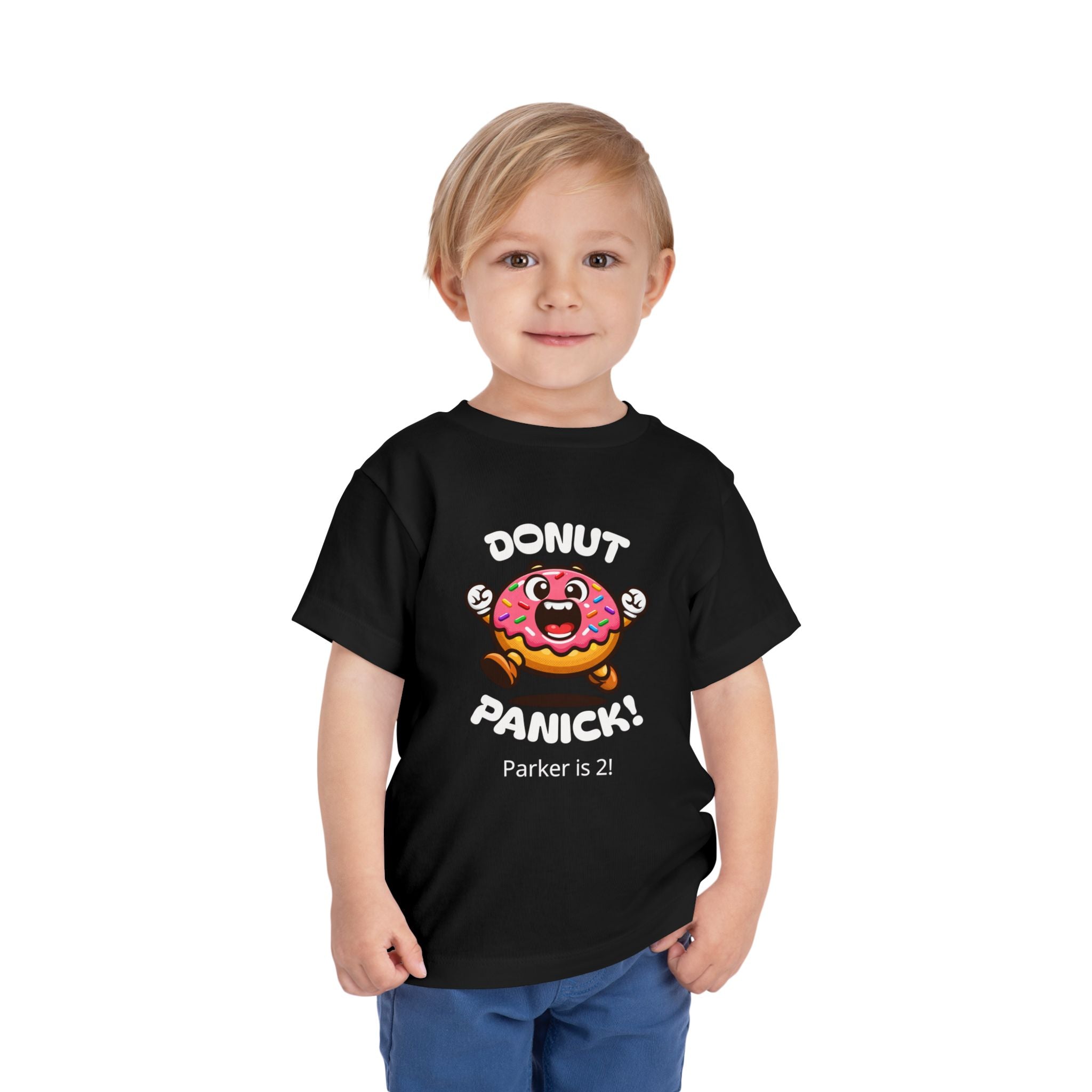 Toddler Tee — "Donut Panic!" Funny Shirt (Personalizable for Birthdays and Events)