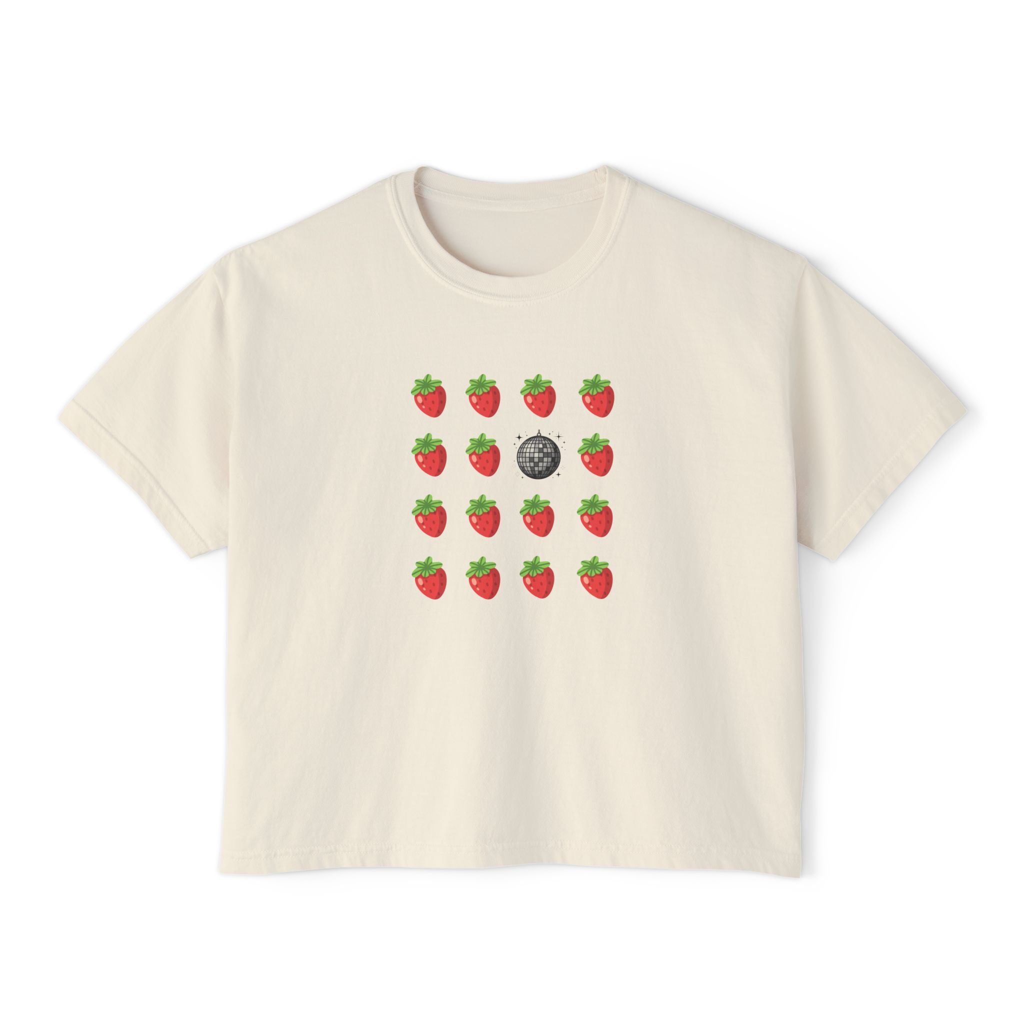 Strawberry All the Time Disco Boxy Tee — Cute Minimal Fruit Graphic Shirt