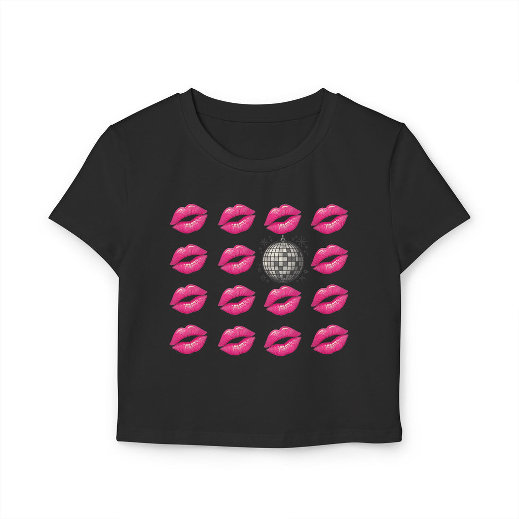 Women’s Baby Tee — Disco Kiss Graphic Cropped Tee (Pink Lip Prints & Disco Ball)