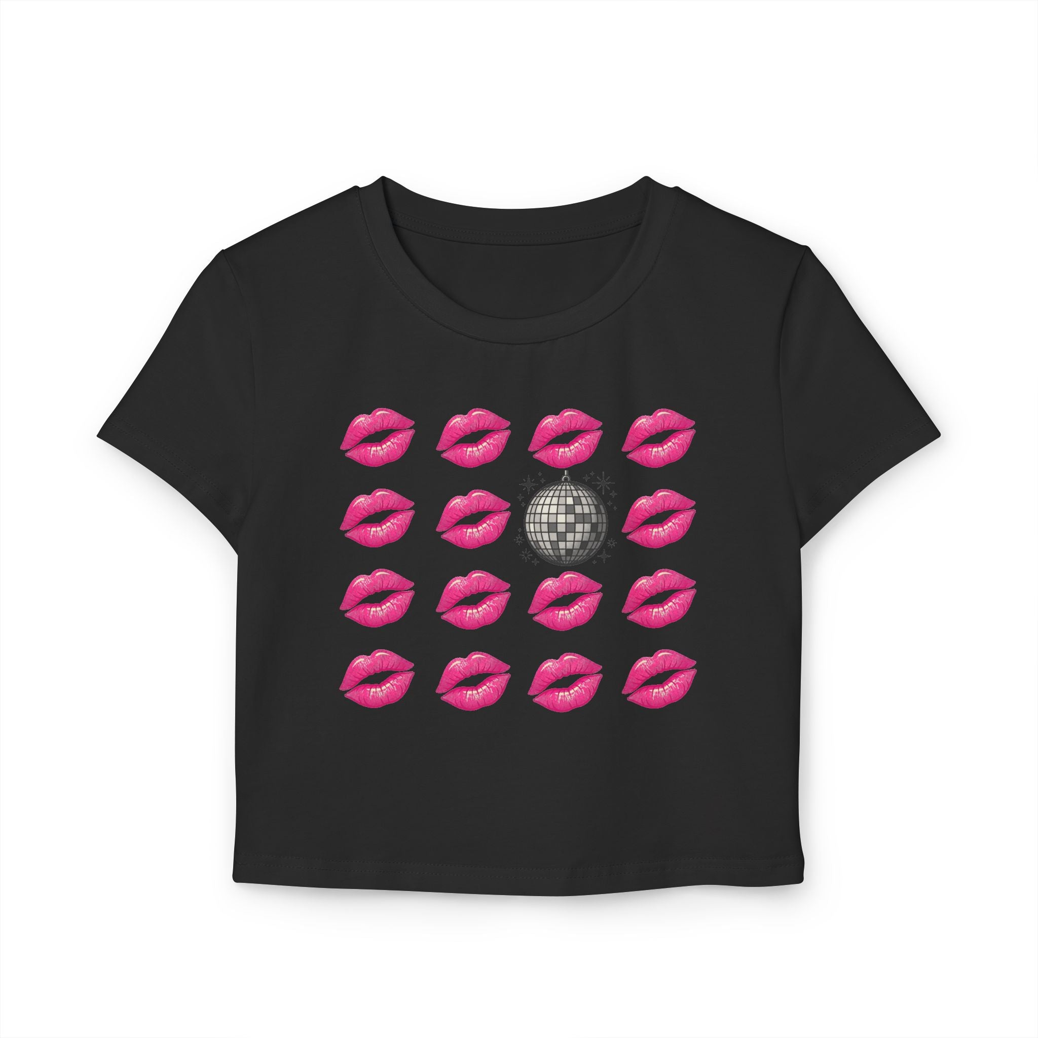Women’s Baby Tee — Disco Kiss Graphic Cropped Tee (Pink Lip Prints & Disco Ball)