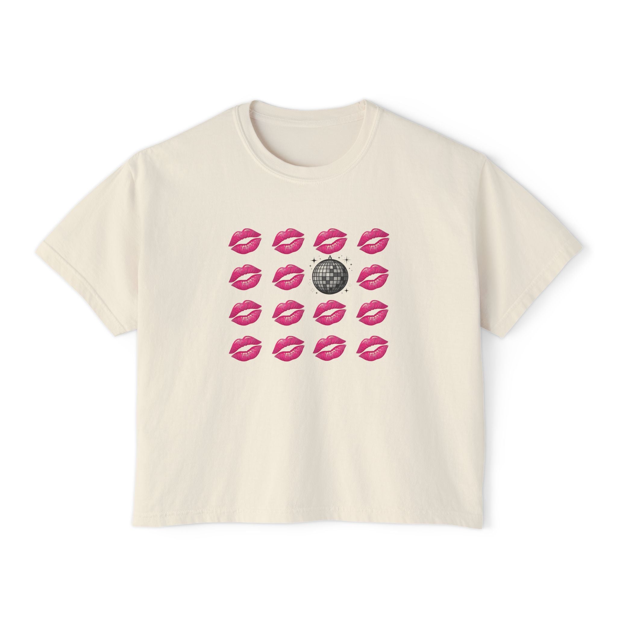 Kiss Kiss Disco Boxy Tee — Pink Lip Pattern with Disco Ball
