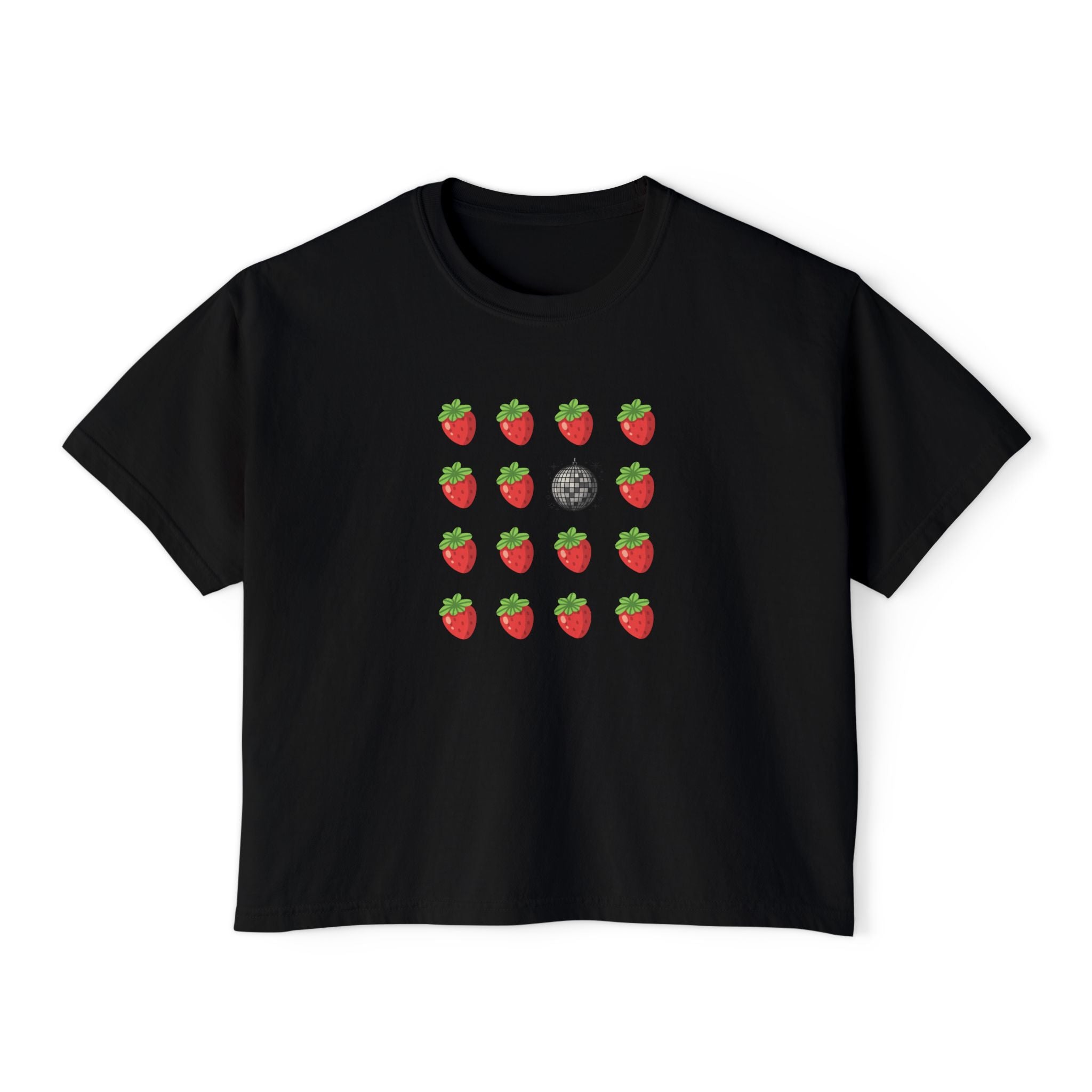 Strawberry All the Time Disco Boxy Tee — Cute Minimal Fruit Graphic Shirt