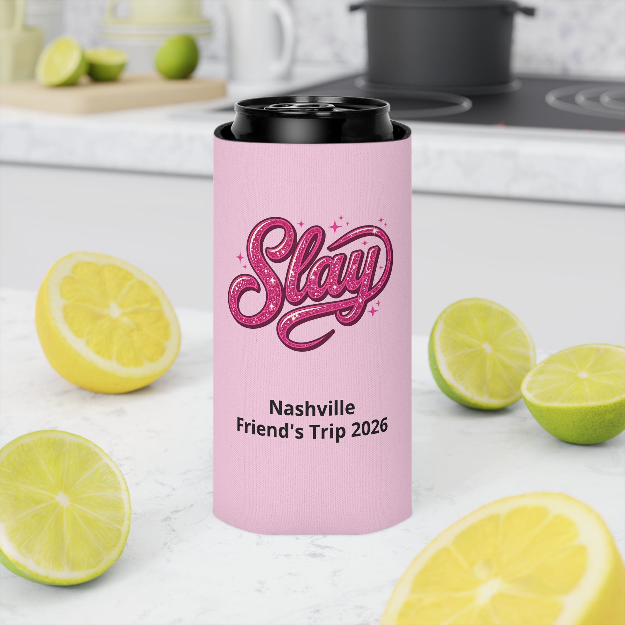 Pink 'Slay' Can Cooler – Customizable Drink Koozie