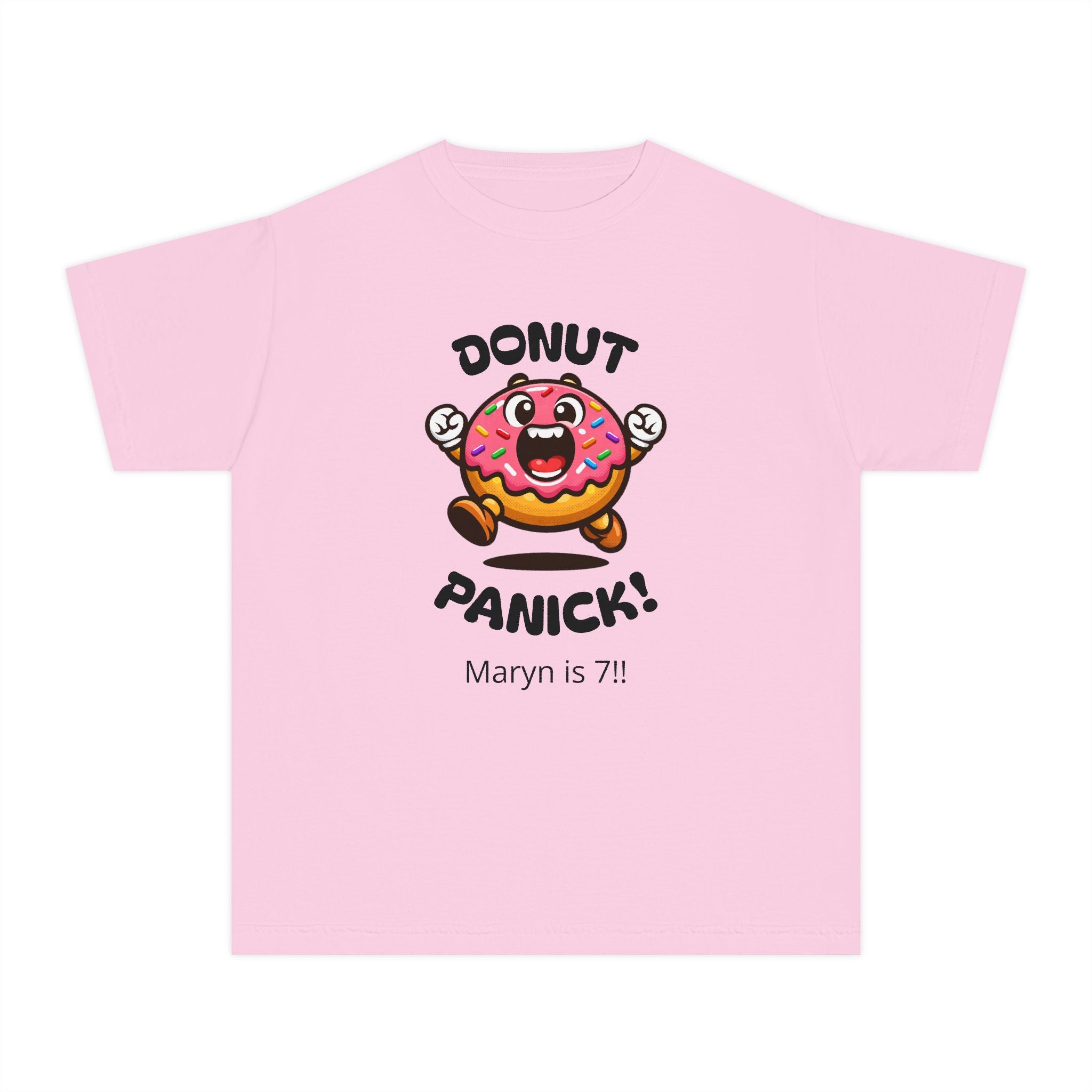 Kids "Donut Panic!" Tee — Custom Name Age Birthday Shirt