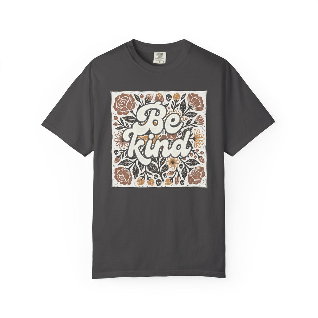 Be Kind Floral T-Shirt — Linocut Vintage Rose Positive Message Tee
